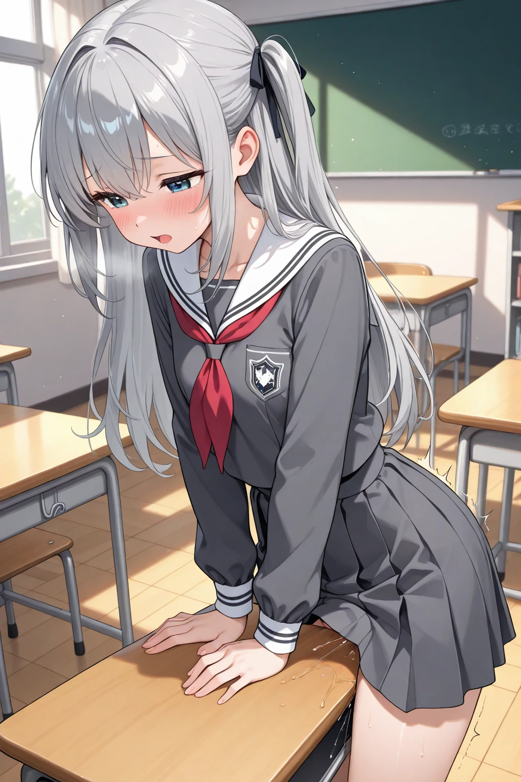 Black lace-up boots,white pantyhose,blush害羞,classroom scene,girl,,((absurd)), ((on the table)), (best quality), (lens flare), (super detailed), (fair), ((cute girl)), alone, fair face, White skin, on the table, (10 years old: 1.3), , 、A girl goes to the toilet、 Everlasting, is crying, Close her eyes, tears flow from eyes, The embarrassment comes from, blush), (girl is peeing: 1.2),, look away, sitting, Awkward, blush, Mouth slightly open, classroom (girl leaking urine): 1.5)