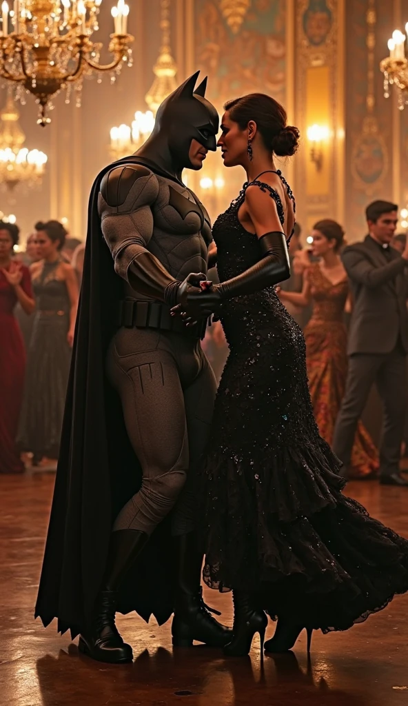 where Batman and Catwoman dance hand in hand,  cheek dance , Masquerade where many pairs of men and women dance in gorgeous costumes and masks, A glittering dance venue surrounded by gorgeous chandeliers and golden walls with mosaics, Everyone is paying attention to the dynamic dance of Batman and Catwoman dancing in the center, A fluttering Batman cloak linked to dance movements, anatomically accurate portrait