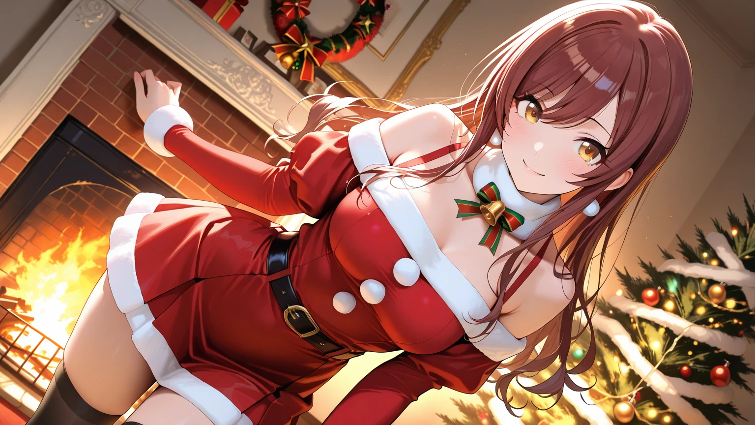top-quality、Full limbs、complete fingers、Slender beauty、straight haired、Red hair、Beautiful Large Breasts、(Detailed ultra-oily shiny skin:1.1)、oily shiny thighhigh、(Perfect bright red Santa Claus leotard:1.3)、((Brown pantyhose))、Wearing a Santa Claus hat、((Wearing a Santa Manto))、Beautiful、A smile、Winter cityscape、shopping street、It's snowing、white Christmas、Christmas cakes are sold in stores