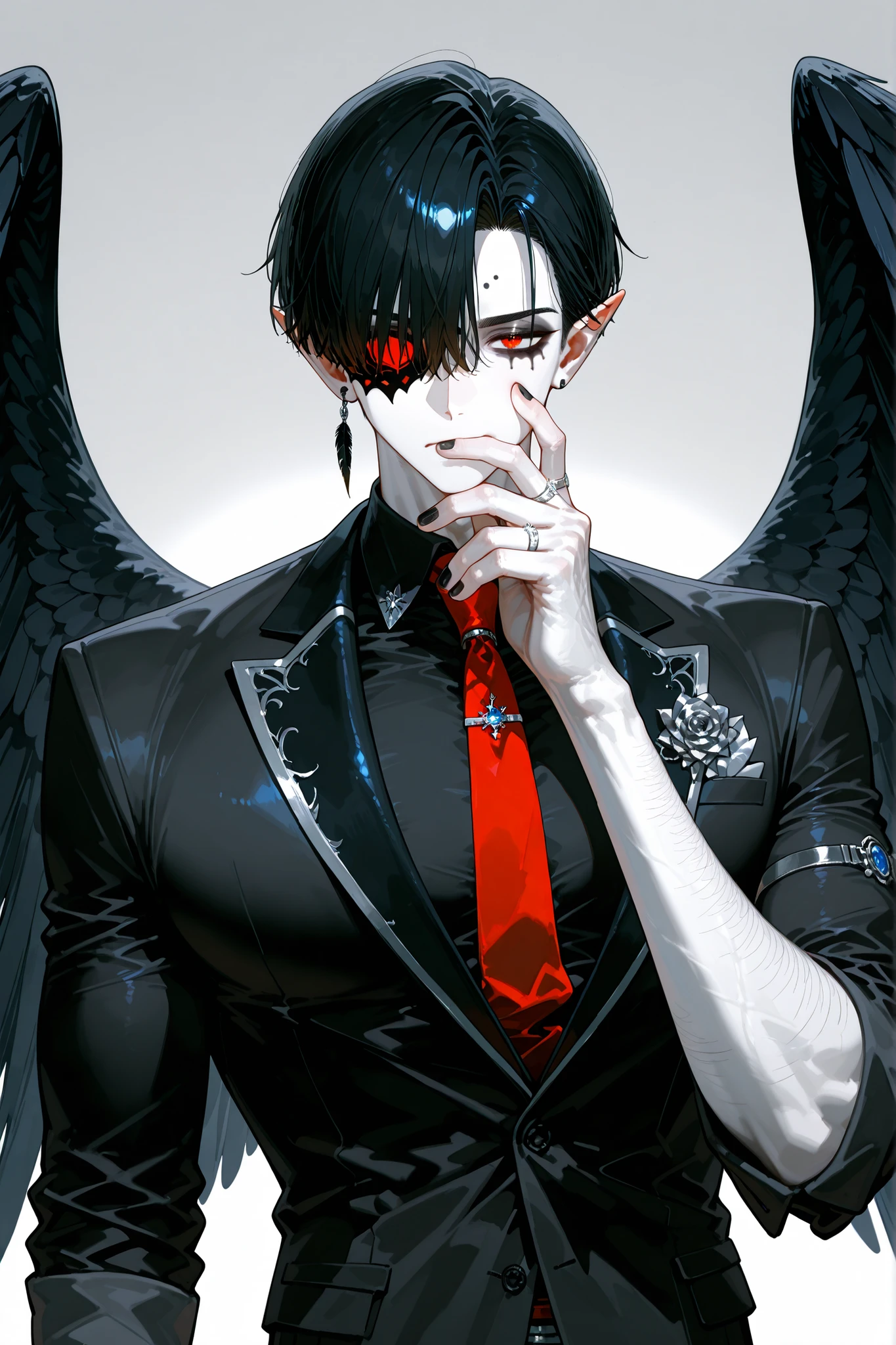 (boy character/MIDDLE AGE MAN/male bodybuilding) The crow beastman (MALE CHARACTER WITH MALE BODY TYPE). The tall mighty man broad-shouldered with masculine features. He has white skin. He has dark makeup on his face in the form of a stripe in the eye area.  He has short slicken back jet-black hair,his shortcut hair was combed back. Eerily red eyes. pointed ears with black feathers.  He has black crow wings and a black raven tail. He has black nails with one silver wedding ring on his arm. He is dressed in male three-piece black suit: jacket , vaist, black shirt, and men's tie decorated obsidian black crow feathers. He wears a carnival black raven half mask on his face. He has a stern expression full of hatred. On the background: Ball hall in art Deco style, Masquerade ball.