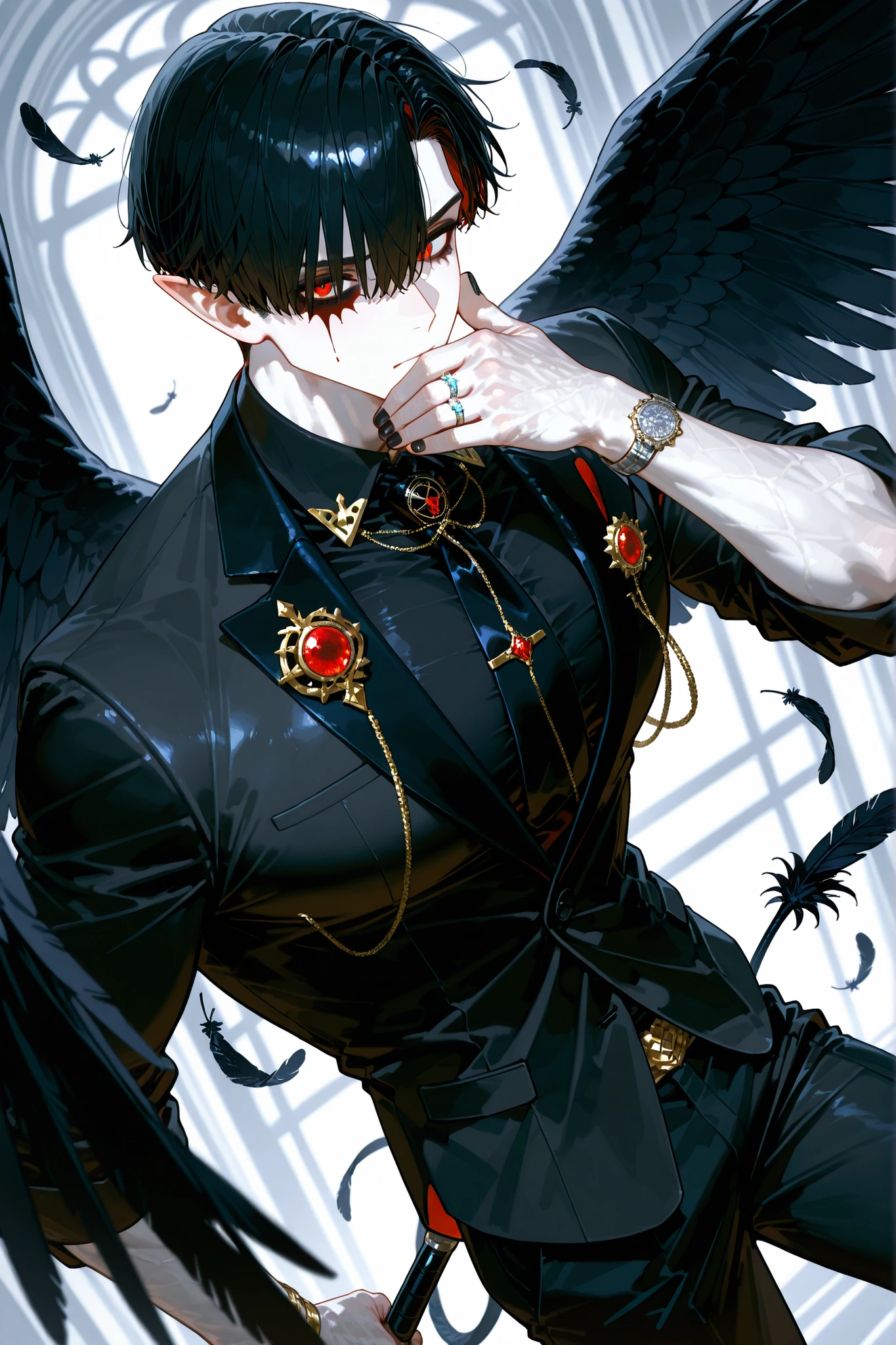 (boy character/MIDDLE AGE MAN/male bodybuilding) The crow beastman (MALE CHARACTER WITH MALE BODY TYPE). The tall mighty man broad-shouldered with masculine features. He has white skin. He has dark makeup on his face in the form of a stripe in the eye area.  He has short slicken back jet-black hair,his shortcut hair was combed back. Eerily red eyes. pointed ears with black feathers.  He has black crow wings and a black raven tail. He has black nails with one silver wedding ring on his arm. He is dressed in male three-piece black suit: jacket , vaist, black shirt, and men's tie decorated obsidian black crow feathers. He wears a carnival black raven half mask on his face. He has a stern expression full of hatred. On the background: Ball hall in art Deco style, Masquerade ball.