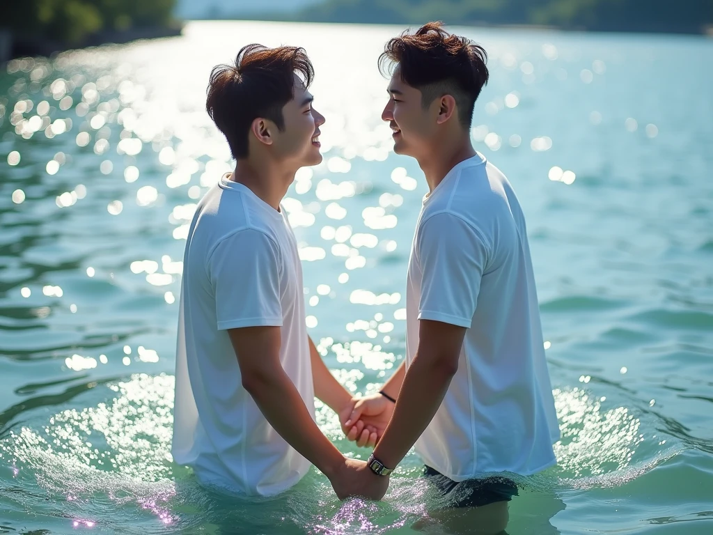 Arafed asian couple kissing in the ocean on a sunny day - SeaArt AI