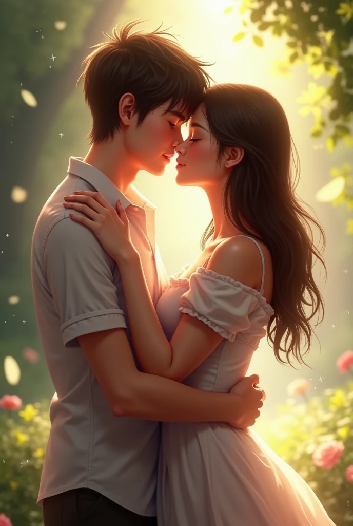 Create an image of two teenagers in love. Let the girl be of medium build., Dark brown hair and brunette with a blue and gray dress, boy and girl, she is darker, more brunette and the boy is taller