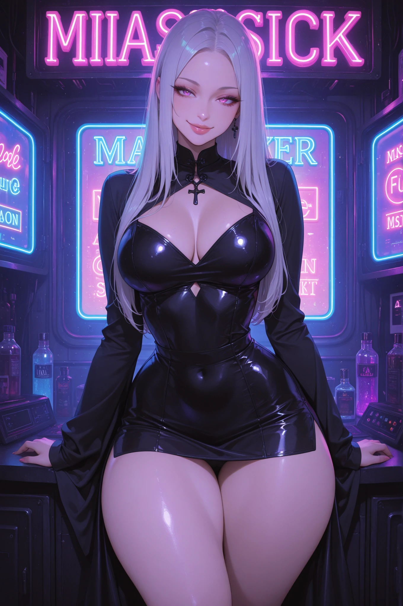 ((masterpiece)), ((Best quality)), (ultra detailed), ((kawaii)), Cute, (Beautiful), ((sexual)), ((extremely detailed)), 4K, (8K), Best quality, (Beautiful), Young woman, stockings, heels, , excellent hand anatomy, best anatomy, short fitted latex dress, ponytail, White hair, tattoo on tele, standing pose, shine, neon, to the streets, night, uncensored, whole body, under the breasts,  Naked 