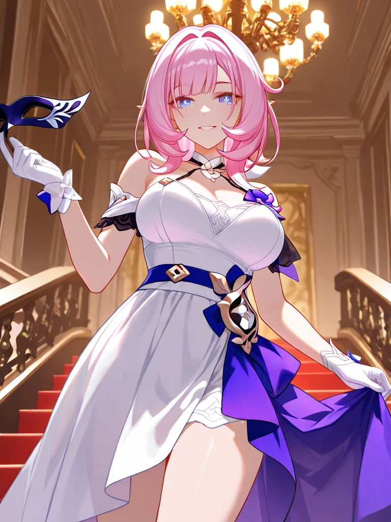 1girll, 独奏, tmasterpiece, CG, 8k, RAW photogr, pic, simple backgound, (looking at the camera in:1.2), Cowboy shooting, standing on your feet, posing on a, Hyper detailed skin, (Super detailed face:1.2), (Pink iris:1.3), eyeslashes, black eyeliner, black eyeshadows, tiara crown, braidedhair, Tattoo on the forehead, short detailed hair, Pink hair, pony tails, beaturiful body, detailed outfits, long skirt, High slit, Separate the sleeves,big cleavage breasts, white stockings, kneeboots,tmasterpiece, High- sharpness, high high quality, Detailed face, detailed body render, exhibitionism,No bras, breasts out,, standing on your feet, Be red in the face, (In the bedroom),Full body photo,Orgasmic face,Eyes rolled up,Mouth open,The tongue is pulled out