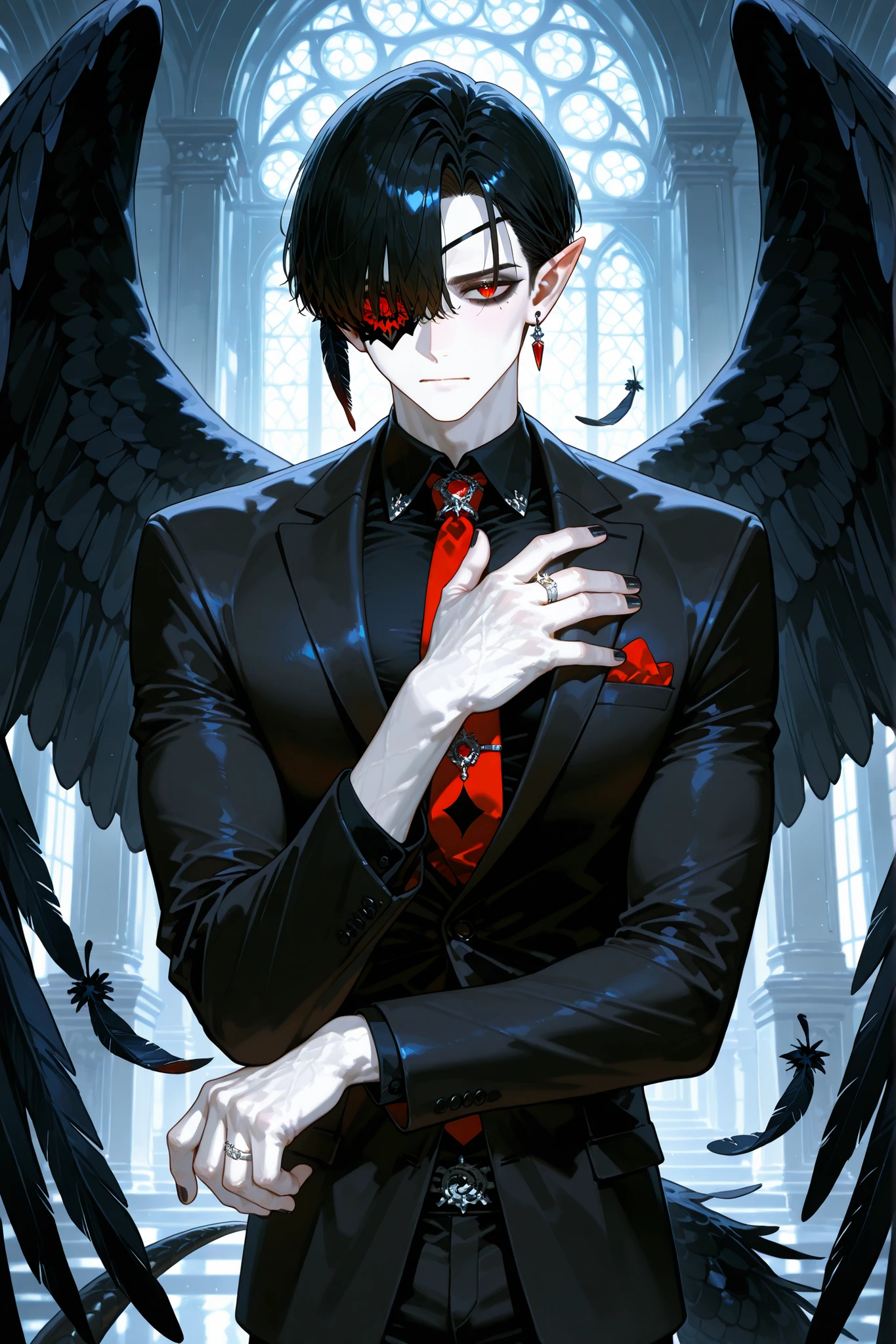 (boy character/MIDDLE AGE MAN/male bodybuilding) The crow beastman (MALE CHARACTER WITH MALE BODY TYPE). The tall mighty man broad-shouldered with masculine features. He has white skin. He has dark makeup on his face in the form of a stripe in the eye area.  He has short slicken back jet-black hair,his shortcut hair was combed back. Eerily red eyes. pointed ears with black feathers.  He has black crow wings and a black raven tail. He has black nails with one silver wedding ring on his arm. He is dressed in male three-piece black suit: jacket , vaist, black shirt, and men's tie decorated obsidian black crow feathers. He wears a carnival black raven half mask on his face. He has a stern expression full of hatred. On the background: Ball hall in art Deco style, Masquerade ball.