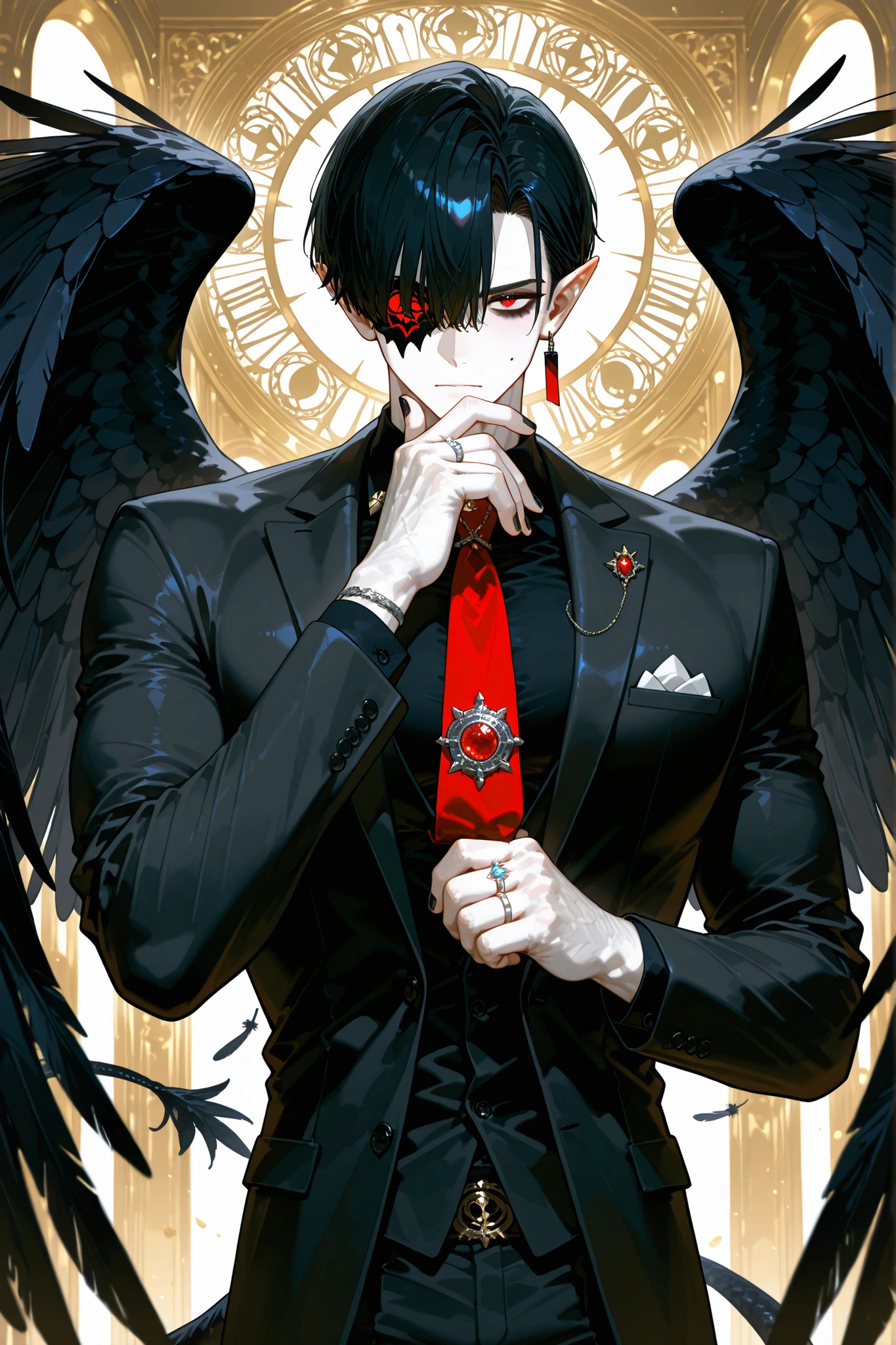 (boy character/MIDDLE AGE MAN/male bodybuilding) The crow beastman (MALE CHARACTER WITH MALE BODY TYPE). The tall mighty man broad-shouldered with masculine features. He has white skin. He has dark makeup on his face in the form of a stripe in the eye area.  He has short slicken back jet-black hair,his shortcut hair was combed back. Eerily red eyes. pointed ears with black feathers.  He has black crow wings and a black raven tail. He has black nails with one silver wedding ring on his arm. He is dressed in male three-piece black suit: jacket , vaist, black shirt, and men's tie decorated obsidian black crow feathers. He wears a carnival black raven half mask on his face. He has a stern expression full of hatred. On the background: Ball hall in art Deco style, Masquerade ball.