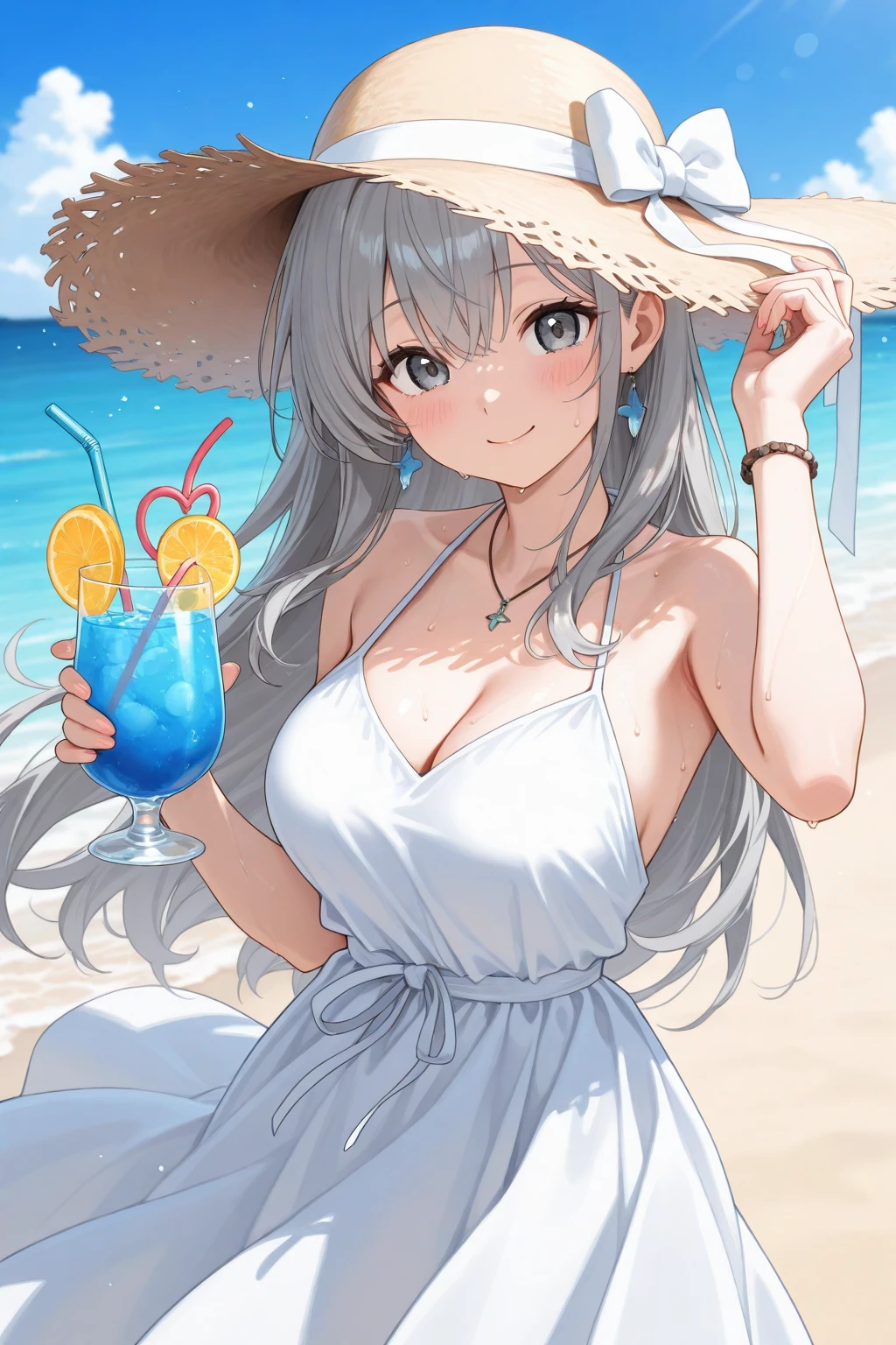 lighting like a movie、top-quality、Slender Line、Standing party in a white ruffled bikini、Party Venue、Holding a glass of juice in one hand、a smile、