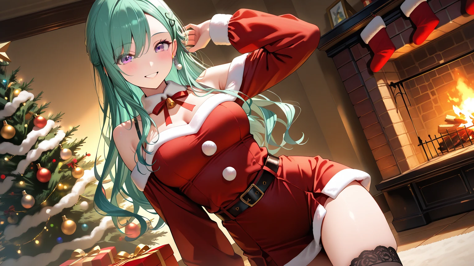 masterpiece, best quality, 1 solo girl, light blue hair, light blue eyes, long hair, wavy hair, Christmas ornaments, medium breasts, mature body and face, red santa dress, christmas, christmas light, christmas tree, red gloves, red santa skirt, holding gift, red bra, red panty, leg up, cowboy shots, sexy pose, dakimakura, ultra-detailed body, face, and eyes, sharp focus, vibrant, creative, dynamic, high definition, high resolution, 8k, (Upscale: R-ESRGAN 4x+ Anime6B), (Image enchance:4x), voluptuous body
