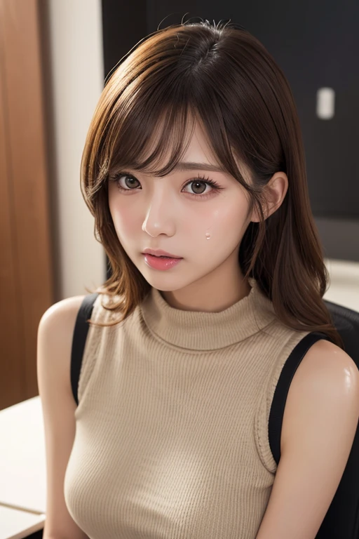 ((of the highest quality, 8K, masutepiece: 1.3, Raw photo)), Sharp Focus: 1.2, (1 AESPA Girl :1.1), Solo, (Realistic, Photorealistic: 1.37), (Face Focus: 1.1), Cute face, hyperdetailed face, short messy hair, Small Smile, small breasts, flat chest, thigh, nude, (office uniform like Off-the-shoulder chiffon shirt, chiffon panties: 1.3), office room, flower, rose