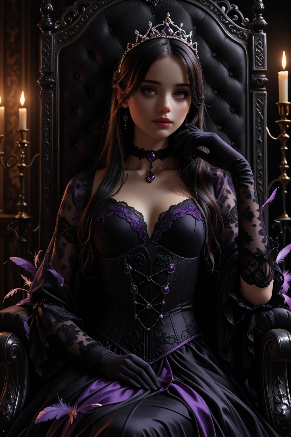(photo:1.2), beautiful gothic style female, sexy goth girl, designer coat, lingerie, short black hair with blue tips, bedroom, lying in bed, (by Marc Simonetti:0.8)
little silver cross necklace, mischievous smile, Iridescent black hair, provocative, sultry,