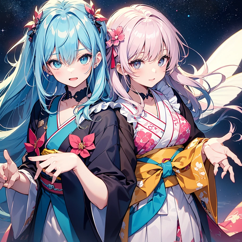 dynamic angle、 in the magical forest, A mysterious fairy girl appears, light blue long hair、The hairstyle is twintails、adorable smile、Moonlight twinkle,  cherry blossoms bloom、A large pure white owl is watching over the girl.、wood々Flying among the shining fireflies, Many cherry blossoms are blooming、fantastic scenery、A sky full of stars twinkles、 Creating a field where dreams and reality intersect，