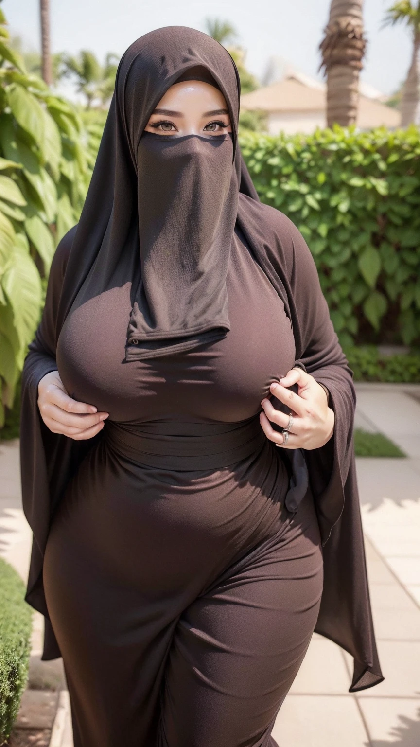 8K, high quality, nice lighting, soft lighting, detail fingers, perfect hand, realistic, dark eyes, sexy, big breasts, thighs, wide hips, muscular, malaysia, black dress, long sleeves, Jewelry, sexy lady, asian, hijab, niqab, sexy pose, showing big thighs, nice body, natural largest breast, wearing wedding rings, hand sock, office girl, mature big body, outdoor, sexy posing