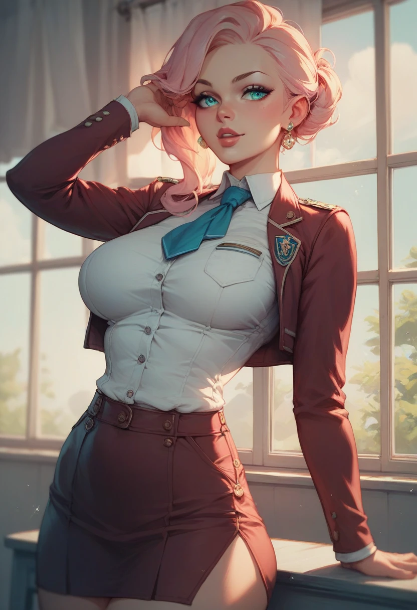 ((Best quality,8K,tmasterpiece:1.4)), Pink hair,Long braid on one side, Planes,Blue flight attendant uniform,Blue flight attendant hat, Delicate solid red bow tie,Black smooth skinny mini miniskirt,bared chest,The chest is slightly larger,perfect body figure,Glossy glossy skin,Green eyes