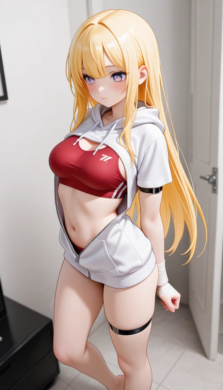 Browsing Caution,((Perfect Anatomy:1.5,Realistic,:1.3,RAW Photos:1.3,masterpiece、Highest quality、Ultra - High resolution、High resolution、Extremely detailed CG、8k)),Cowboy Shot,1 female,alone,20 year old beauty,(Beautiful and exquisite face and eyes,Big and beautiful eyes),Bright green eyes,(Blonde,ponytail,Long Hair,bangs),(Medium chest,Slender body,Small Head,skinny, Glowing Skin,Oily skin,Glowing Skin),Are standing,Put your arms behind your back,((Pink hooded sweatshirt,Oversized hooded sweatshirt,Long sleeve,black_Knee socks)), break , ((白いPantiesー:1.2、Love Juice)), ,in the train,A large number of people々、Inside the train、Tokyo、Panties