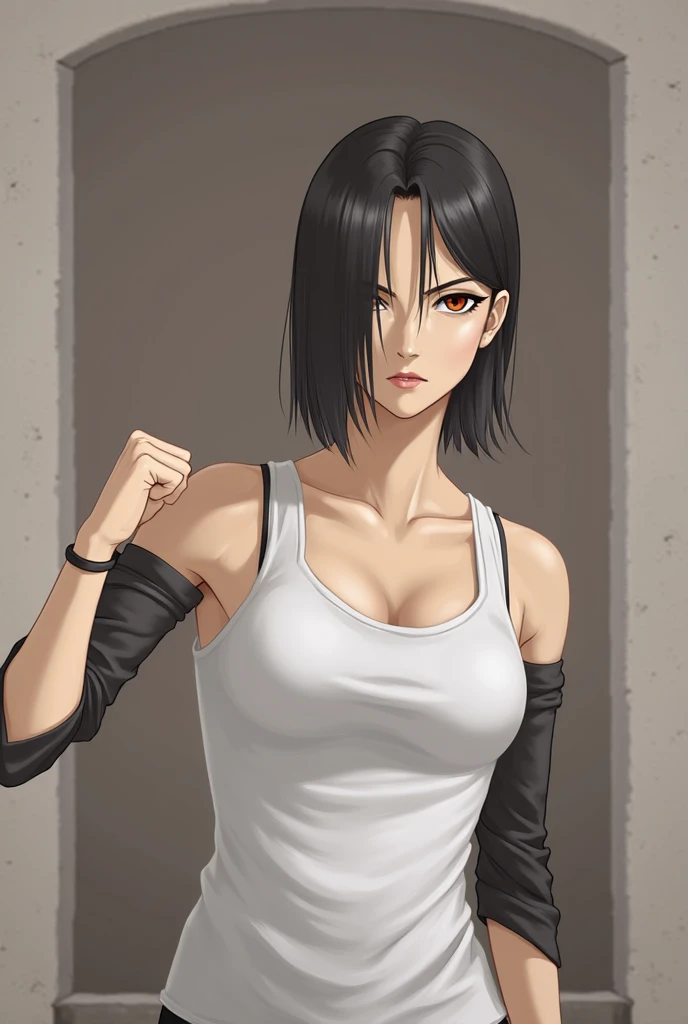 (best quality,ultra-detailed,realistic:1.37),1 girl, musclaur badass girl with sculpted body with preview her musclaur body and six-pack, full review of the female character's face and body, strong and confident posture, studio lighting, vivid colors, physiologically-based rendering, grungy texture, rugged background, dust particles in the air, commanding presence, professional, powerful, gritty aesthetics,,Valmet،short hair,necklace,Light reflection on shoulders,Sweat in muscles،،wearing military underwear and midriff tank top, tattoos on shoulders, wearing a boxing gloves