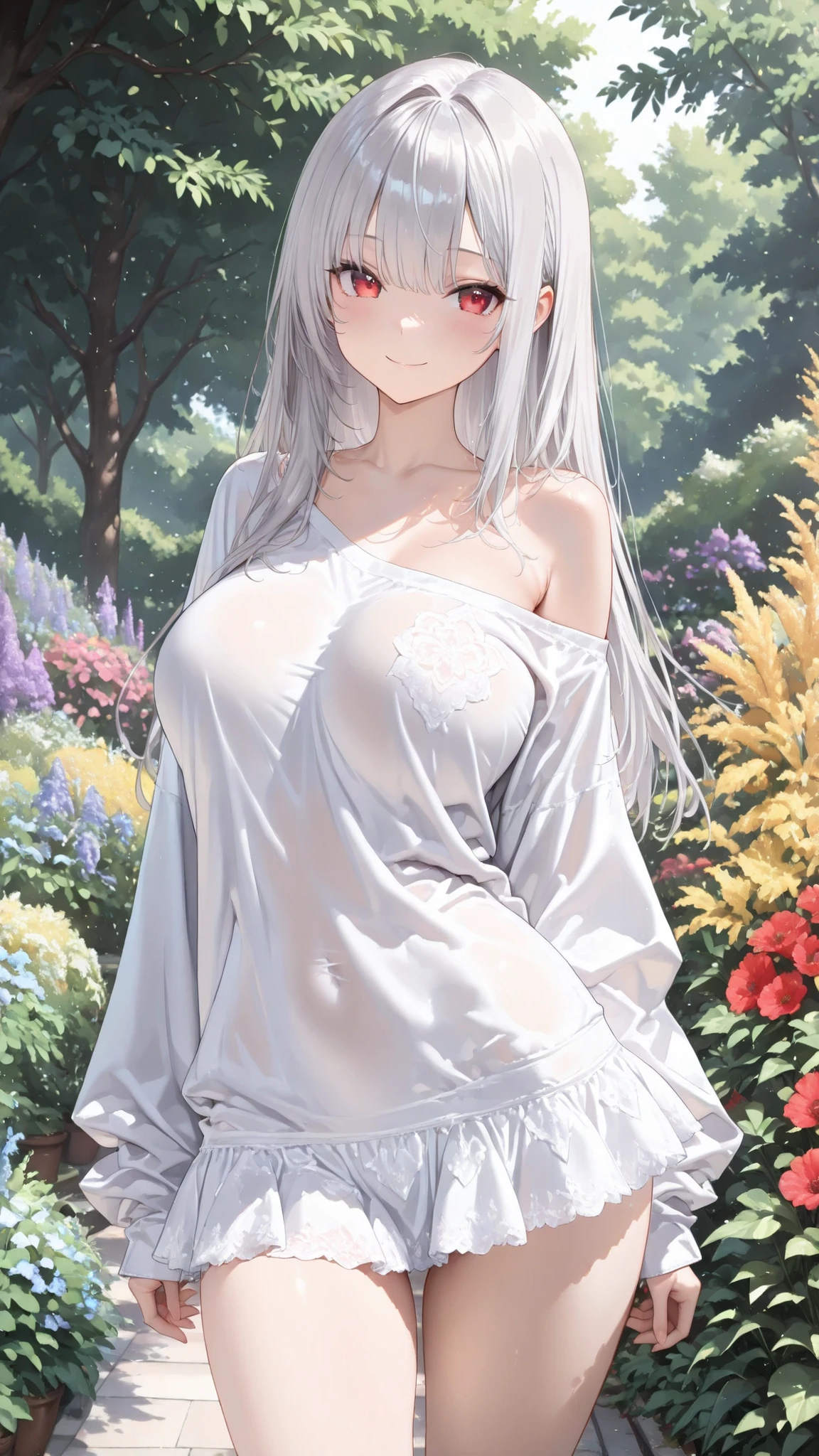 ((masterpiece)), (Highest quality), (Simple style), Silver-white hair, braids, short bob, red eyes, flower garden, panties, oversized jacket, cleavage