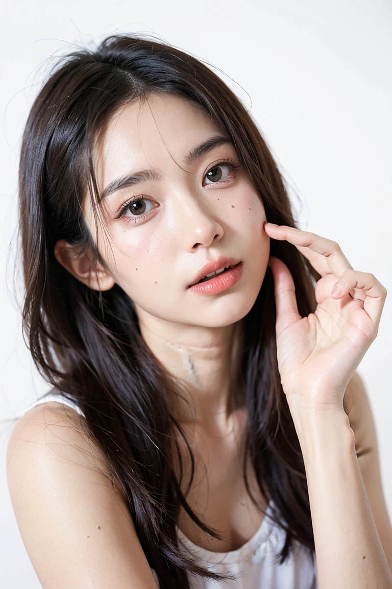 Beautiful and attractive woman in fashion trends, ,(Highest quality realistic textured skin:1.4), Fine grain, Detailed face, High quality eyes, Keep your eyes clearly focused, Nose and mouth,Face Focus, Super Face close-up gentle and charming Chinese beautiful woman, Delicate and sexy collarbone, Attractive oval face, double eyelid, Clever pink eyes, Pink Lips, Small Nose, Exposing shoulders, Focus on the face, Face close-up, Ultra-high resolution, Very detailed, Full body photo, Ultra-thin and transparent, The white off-shoulder shirt goes perfectly with the light blue slit skirt., Fresh and delicious, And see through
