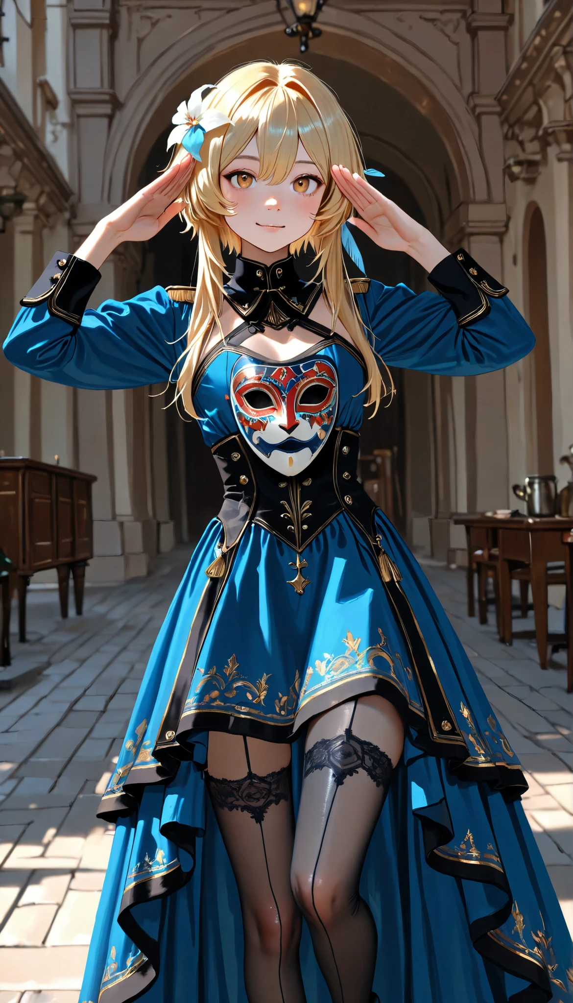 ((RAW Photo), Absurdres, (Absurd Resolution)), (AI Fantasy), (pretty girl, very beautiful 21 years old), (((Lumine, bioluninicent light))), (beautiful girl, very pretty face, with Mexican carnival mask), (long, curly hair, cinnamon, black trim), (realistic pupil, royal blue), ((very simple dress, printed, transparent stockings)), (slightly bent leg, military salute), (Cinematic shot according to the angle). «SunPuma S»