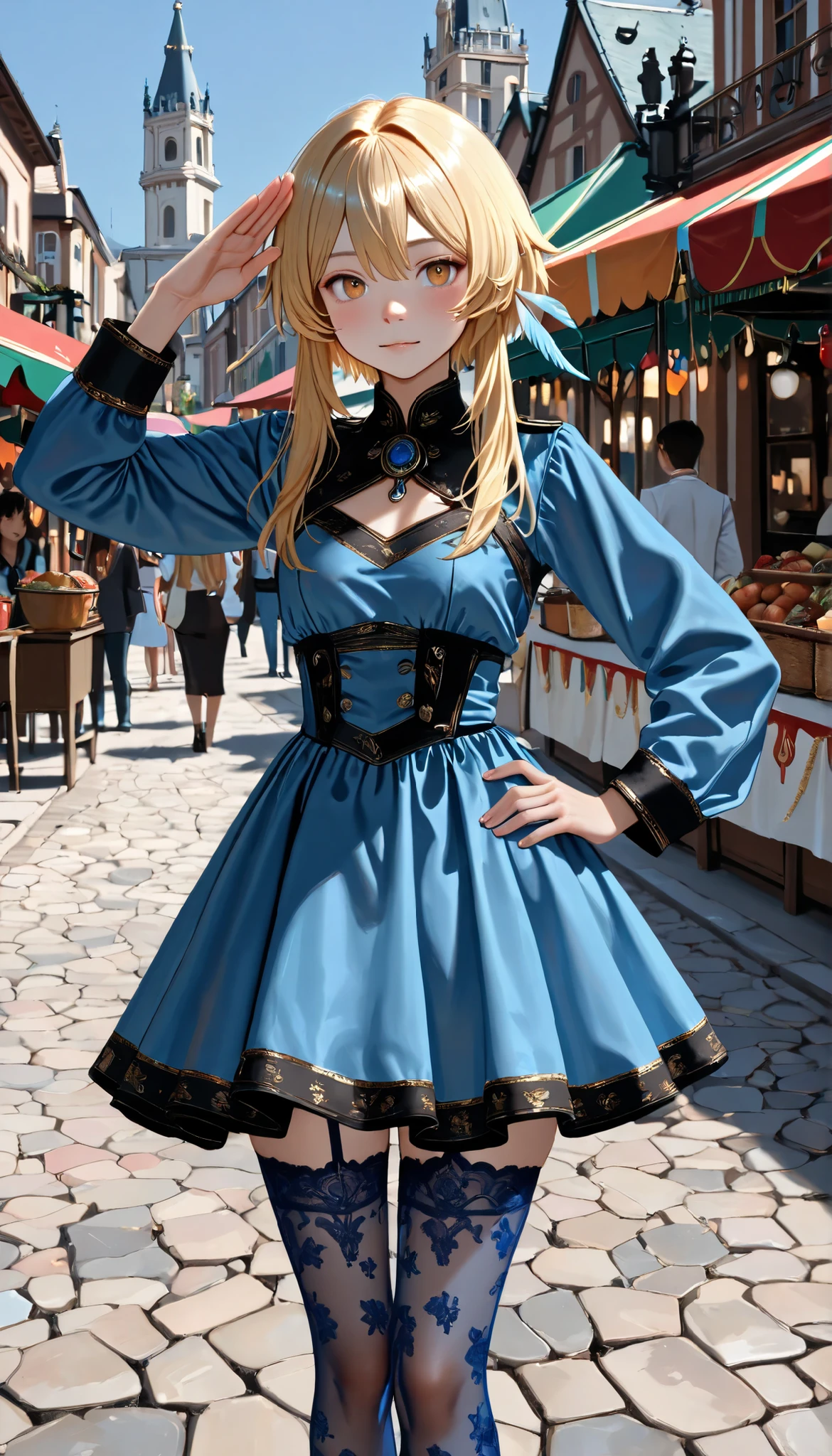 ((RAW Photo), Absurdres, (Absurd Resolution)), (AI Fantasy), (pretty girl, very beautiful 21 years old), (((Lumine, bioluninicent light))), (beautiful girl, very pretty face, with Mexican carnival mask), (long, curly hair, cinnamon, black trim), (realistic pupil, royal blue), ((very simple dress, printed, transparent stockings)), (slightly bent leg, military salute), (Cinematic shot according to the angle). «SunPuma S»