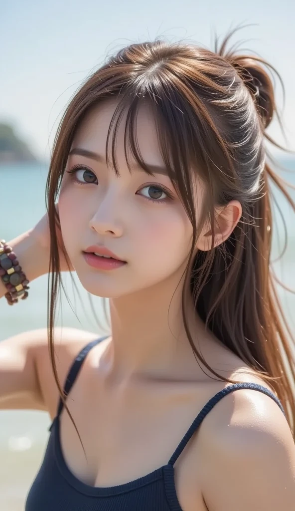 One Girl，Very cute girl at 15 years old，Big eyes，(detailed pupils:1.2)The face is facing straight ahead，Body facing forward，Beautiful nose，Fuller lips，Short black hair，ponytail，Detailed eyelashes，Thin eyebrows，Symmetrical eyes，Face close-up，White swimsuit，Portrait，View Viewer