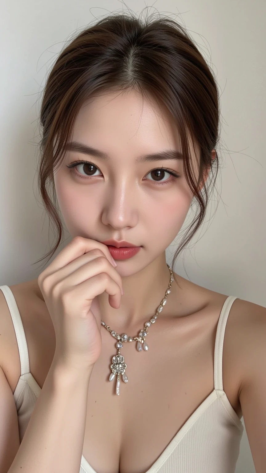 araffe woman with a white dress and a pearl necklace, xintong chen, wenfei ye, dilraba dilmurat, xision wu, pearls necklace, 8k selfie photograph, yanjun cheng, shaxi, chengyou liu, Zhang Wanting, lulu chen, pearls necklace, xue han, Gemma Chen, Inspired by Huang Ji