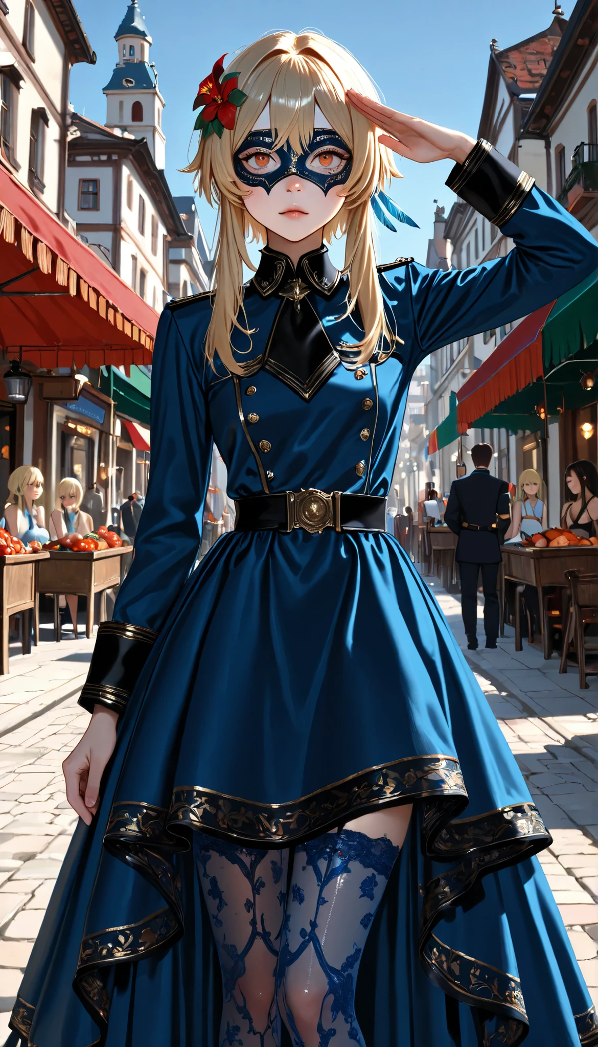 ((RAW Photo), Absurdres, (Absurd Resolution)), (AI Fantasy), (pretty girl, very beautiful 21 years old), (((Lumine, bioluninicent light))), (beautiful girl, very pretty face, with Mexican carnival mask), (long, curly hair, cinnamon, black trim), (realistic pupil, royal blue), ((very simple dress, printed, transparent stockings)), (slightly bent leg, military salute), (Cinematic shot according to the angle). «SunPuma S»