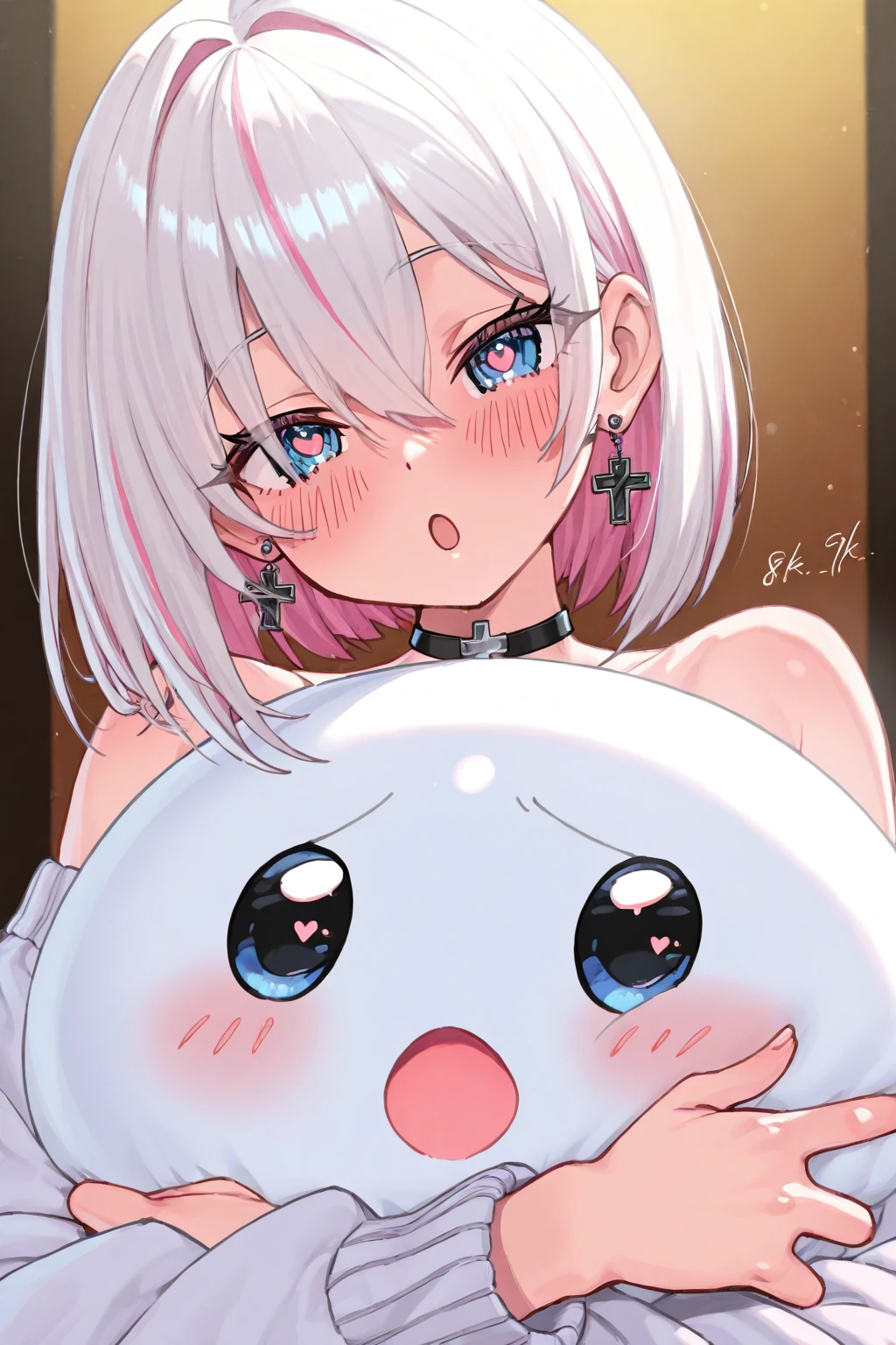 best quality, high resolution, large breasts, white hair, blush, embarrassed, cowboy shot, looking at viewer, Boosette, pink lip, (((off shoulders))), (((gigantic breasts))), (((Boo ghosts super Mario Bros))), (((Boo ghosts  her breasts))), (((Boo ghosts spits saliva on her breasts))), (((tongue  her breasts))), (((ghosts  her breasts)))