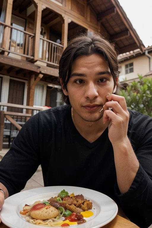 Real image of a latin model man with short black hair athletic body, short beard, lying on a table full of food in a kitchen. angle from above.