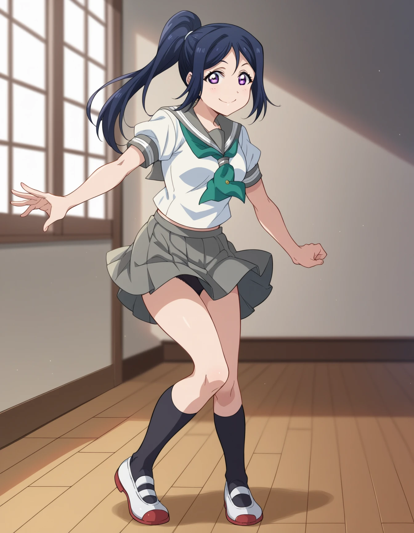 (masterpiece, highest quality: 1.2),Squirting masturbation, alone, 1 girl, alone, panties,,black,Sailor suit,,your heather, smile, Mouth closed, View your viewers, Long black hair, head band, Earrings, Big Breasts, Medium Waist, Medium Hips, wide thighs, Embarrassing, Charm, smiling with her Mouth closed, Good move.., Excellent anatomy,panties,classroom,,Sailor suit,