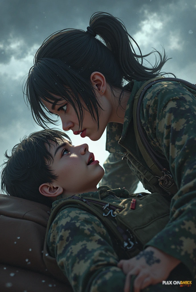 (photorealism 1.2) handsome man, Waist slender, big-ass, Bblack hair, silver eyes, low hair bun, slightly blushed makeup, blood splattered on face wearing Mjolnir powered armor holding a child