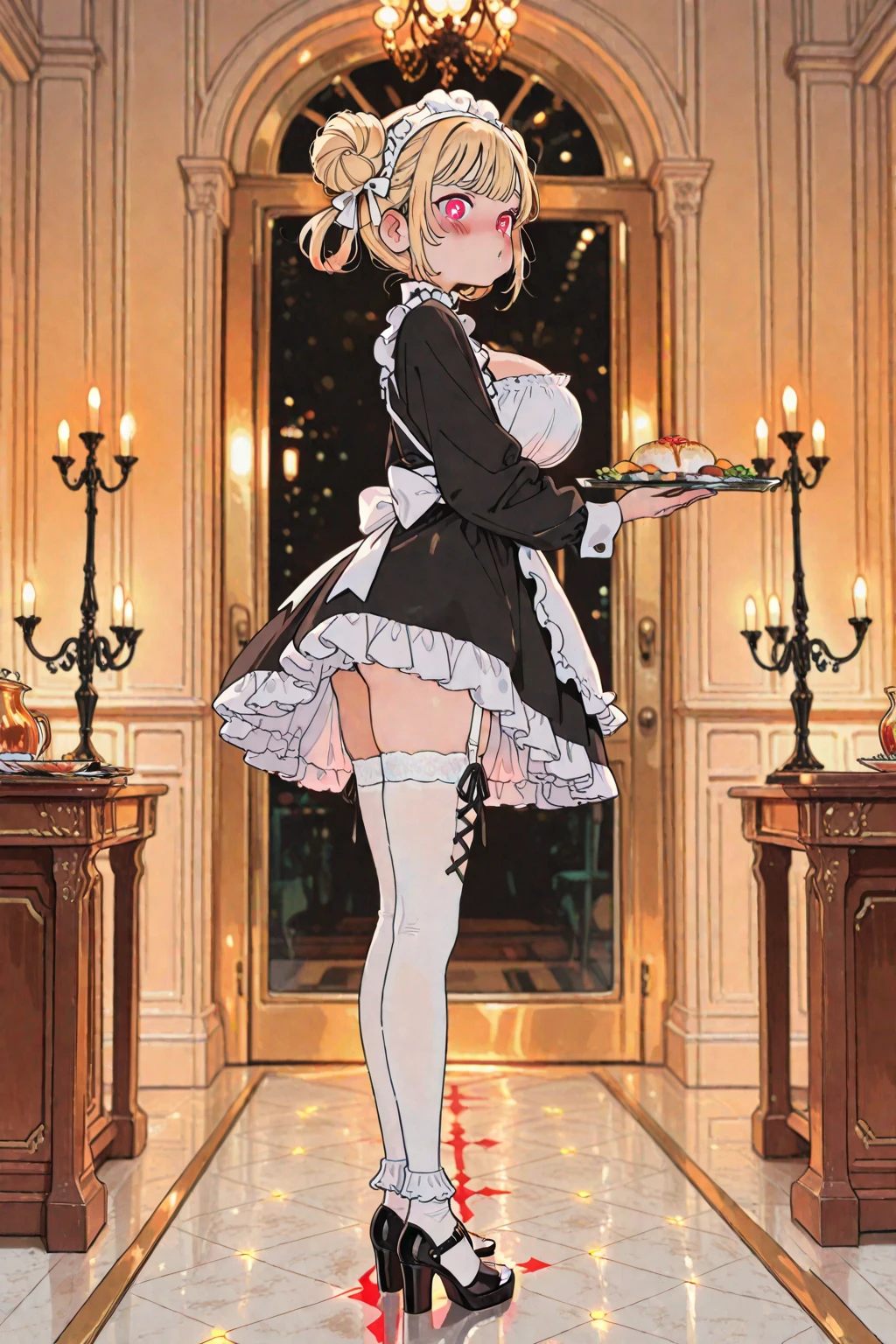 1girl, lady kneeling in maid apron, short blonde hair, choker, black makeup, fishnet thighhighs, parted lips, solo, night club indoors <lora:sxz-niji-v2:0.7>