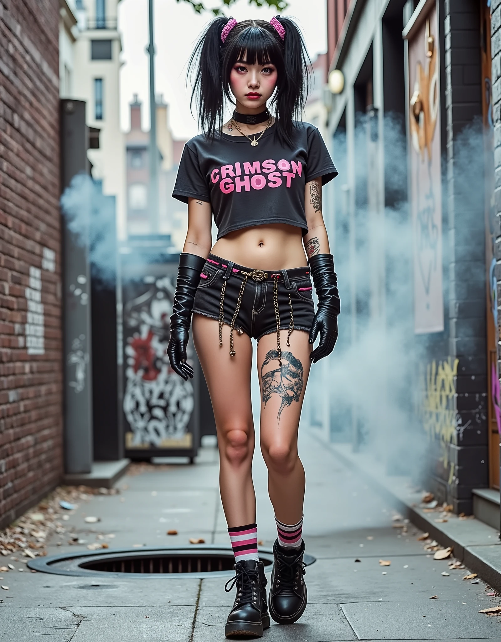 sexy artsy NYC graphic artist, standing proudly, cute punk aesthetic, mini skirt, flashing panties, messy black hair, bangs lipstick, mascara, mismatched socks, thick soled sneakers, on the street, graffiti, manhole steam, skimpy Misfits "Crimson Ghost" logo panties, she is slender, skinny, almost anemic looking, near nighttime, detailed, erotic, naughty bad girl, retro fashion ad vibe, a couple high quality tattoos, ripped nylons and fishnet gloves,sexy, erotic, NSFW, perfect anatomy, masterpiece, HD, 8x, "anatomically correct human" "realistic proportions" "natural human pose" "full figure, accurate anatomy" "correct fingers and joints"
