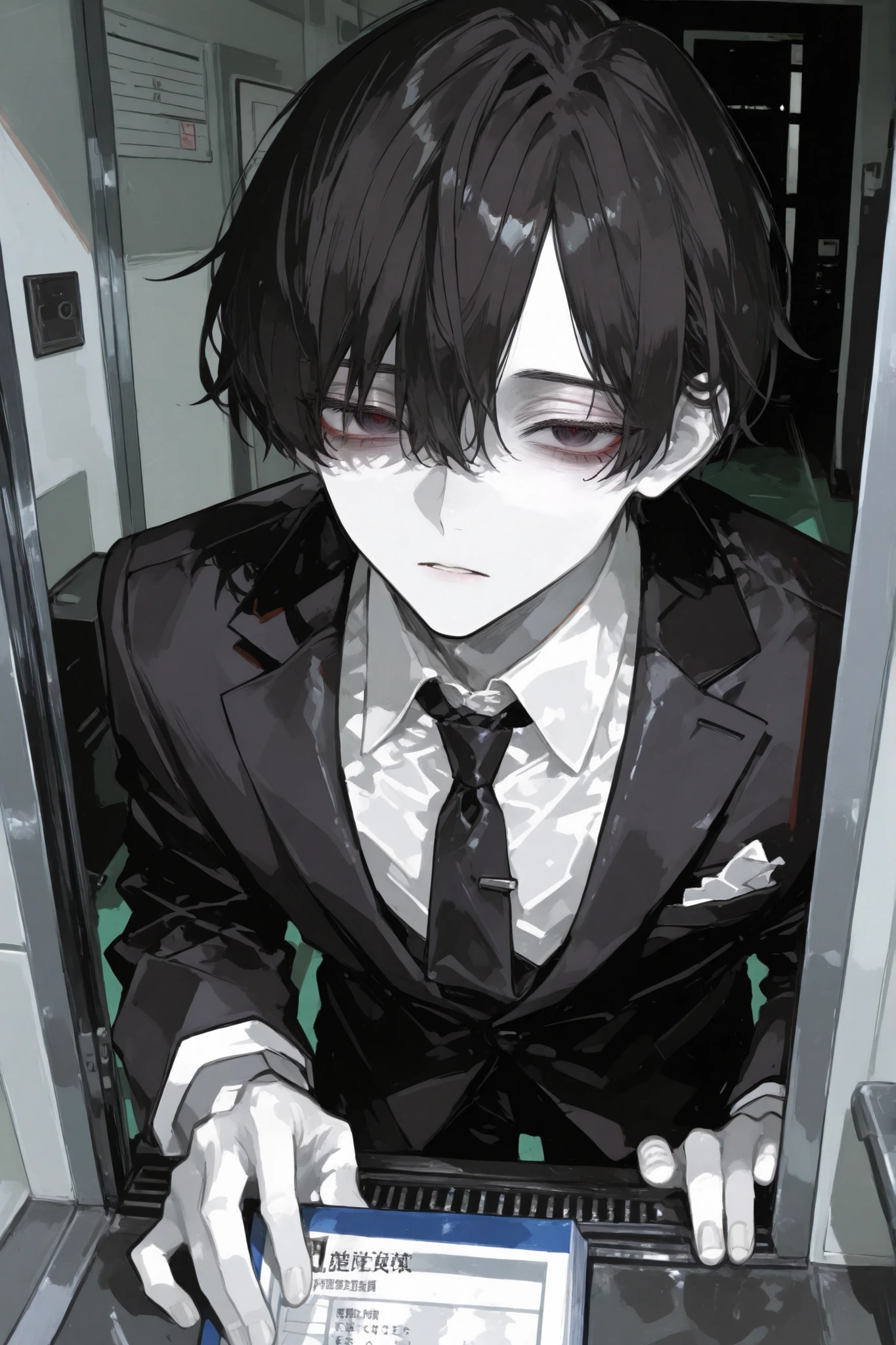 male、solo、black hair mash、、My bangs are getting stiff、my bangs are raised、No bangs、white skin、Zitoida、Dark Eyes、under-eye area、handsome、Glutinous meat、Tall、office worker peeking out of the shadows、I'm wearing a proper tie、in a suit、They stand in front of the administration department at the entrance of the condominium and present a small certificate book to the audience through a glass partition、