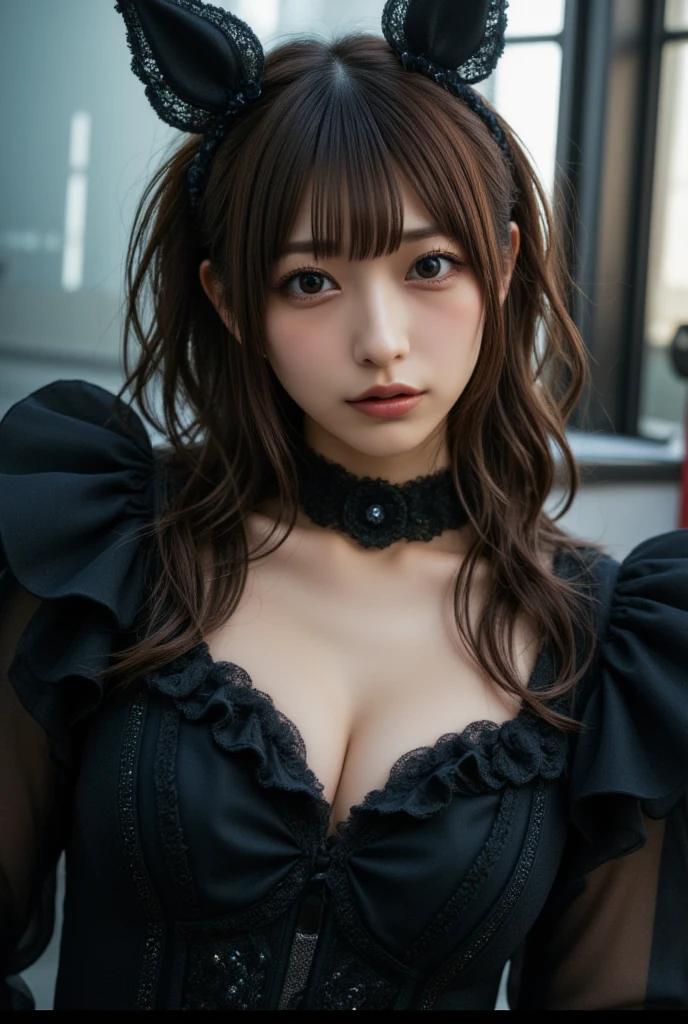 (highest quality), 1 girl, alone, Black Bun Hair,Beautiful eyes in every detail,,, Revival ribbon tie, Long Hair,huge breast