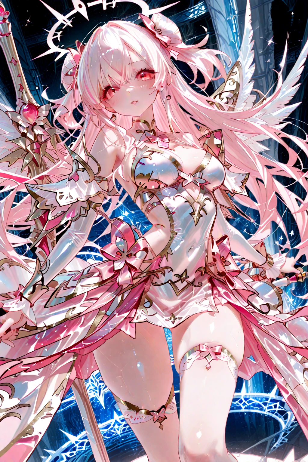 dstomoca, pink hair, very long hair, two side up, yellow eyes, small breasts, star hair ornament, hair bow, dress, bowtie, gloves, center cutout, single thighhigh