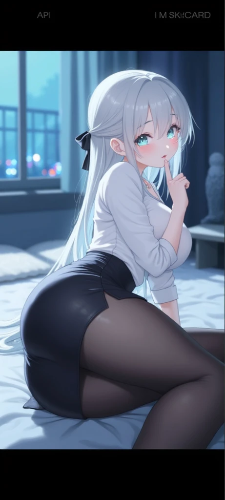 High resolution, Highest quality, super high quality, Ultra-detailed, Cinematic lighting、(四つん這いのButt:1.5)、(squat:1.5)、woman 、(In a suit:1.5)、(スーツのスカートからButtが少しだけ見えている:1.5)、semi-long、White Hair、Black eyes、Beautiful Skin、Beautiful Face、Embarrassing、Beautiful Eyes、Sweaty、Sweat、Butt、完璧なButt、