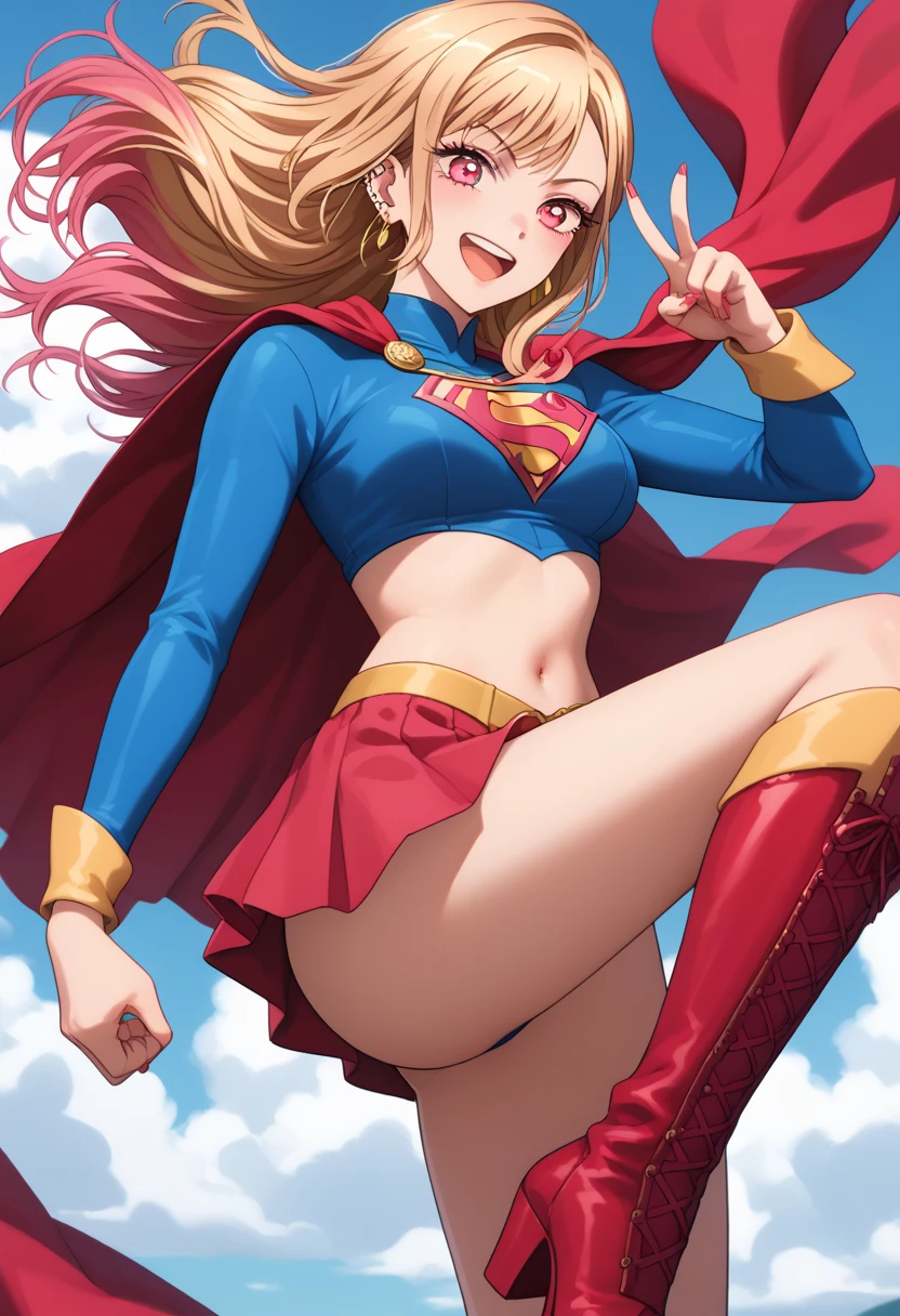 (full body), (masterpiece:1.2), (Highest_quality:1.2), (Ultra_detailed:1.3), 8K, Low - Angle，From below， 1 Girl，alone，大きなButtの女の子, red knee high long boots，wearing spcc costume with cape，( Supergirl), Blue leotard，Red mini skirt，Red Cape，gloves，hoshino-ponytail,hoshino \(blue archive\), heterochromia,medium hair,ponytail,pink hair,ahoge,Halation,(Browsing Caution,Heart-shaped pupils,Masturbation，Masturbation，Man muscle，Groin, Butt,Sweat,，Climax，To convulsions，Wear a green collar，wrists tied with chains)，