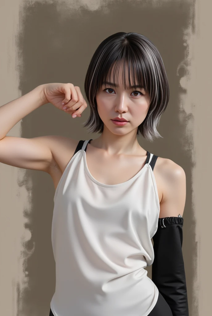 High resolution 8K, armpit pose, armpit, armpit, Light that illuminates the armpits., masterpiece, Superior image quality, High resolution, Under the armpits:1.5, Under the armpits viscosas, Alone, (covered nipples:0.8), Deep red jersey, short bob hairstyle, silver hair, locker room, dressing room, not good, Upper body only, armpit Light, a smile, a slight smile, Brown eyes, Detailed wrinkles in the armpits., realistic armpit, wet armpits, Shiny armpits, armpits brillantes aceitadas, Stand directly towards us, raise both hands, sweaty face, red lipsticks, Athletics Stadium locker room, I&#39;m looking at the armpits, The navel is visible, (Natural skin texture Vibrant details, Hyper realistic)