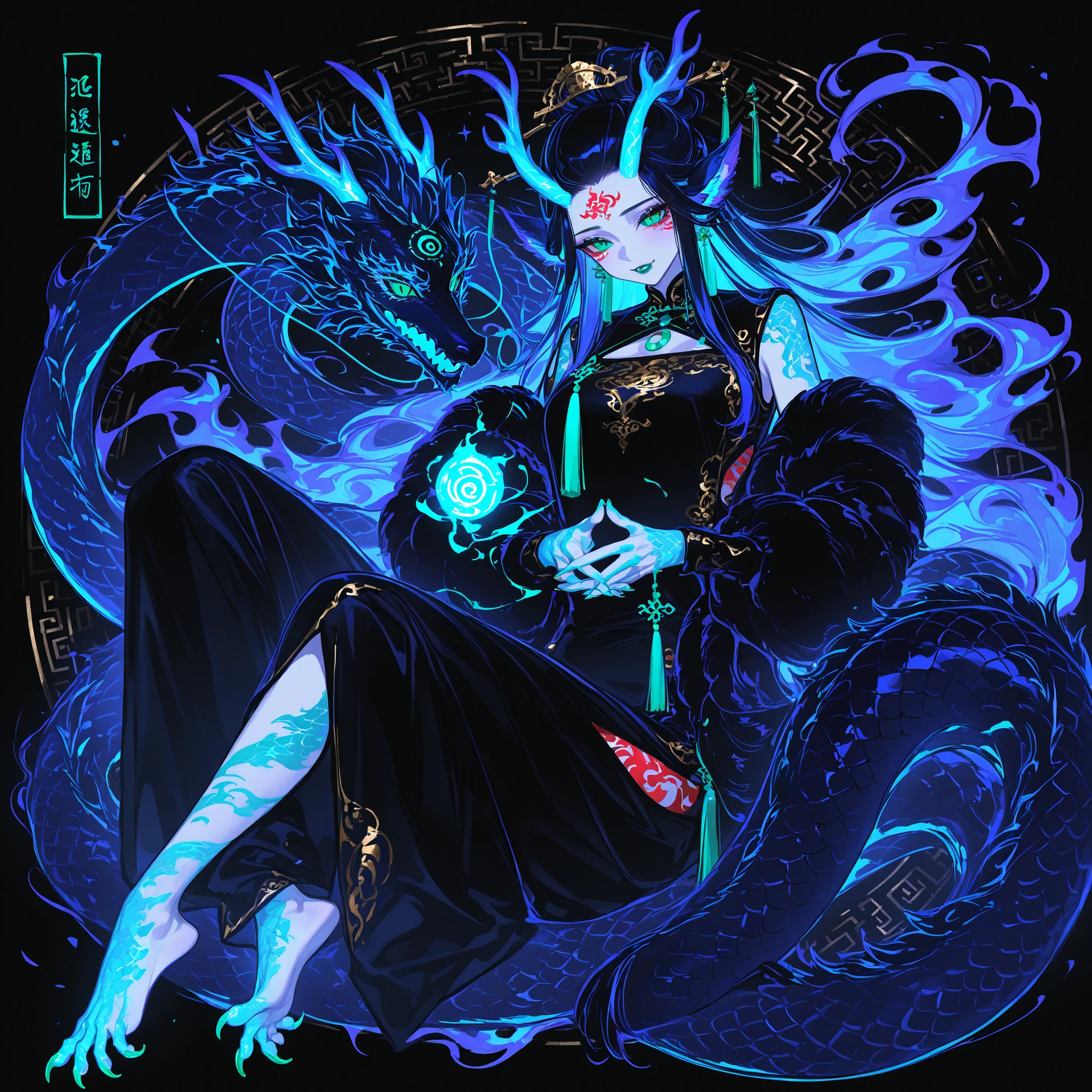 Girl is Azure dragon Lúng,she is hybrid of Eastern dragon. She has a sporty feminine bodybuilding. She has a pale skin covered with navy blue and azure scales with Nazar pattern. She has red fire stripes tattoos on her face , and all over her body. Her lips navi blue, she has a gold sharp fangs. She has jet-black straight middle hair with indigo blue highlights, her bangs are pinned up and pulled back. She has green jade eyes with narrow beast pupil. she has 4 curved branched dragon horns are located on the forehead. She has long pointy blue fluffy dragon ears. She has a immensely long mighty scaly dragon tail with black mane along the spine and black fluffy tassel on tip of her tail. She has long golden crescent-shaped claws on her hands fingers and feet toes. She's wearing a red Chinese qipao. She she's barefoot. On the background: the garden of the Chinese temple high in the mountains.