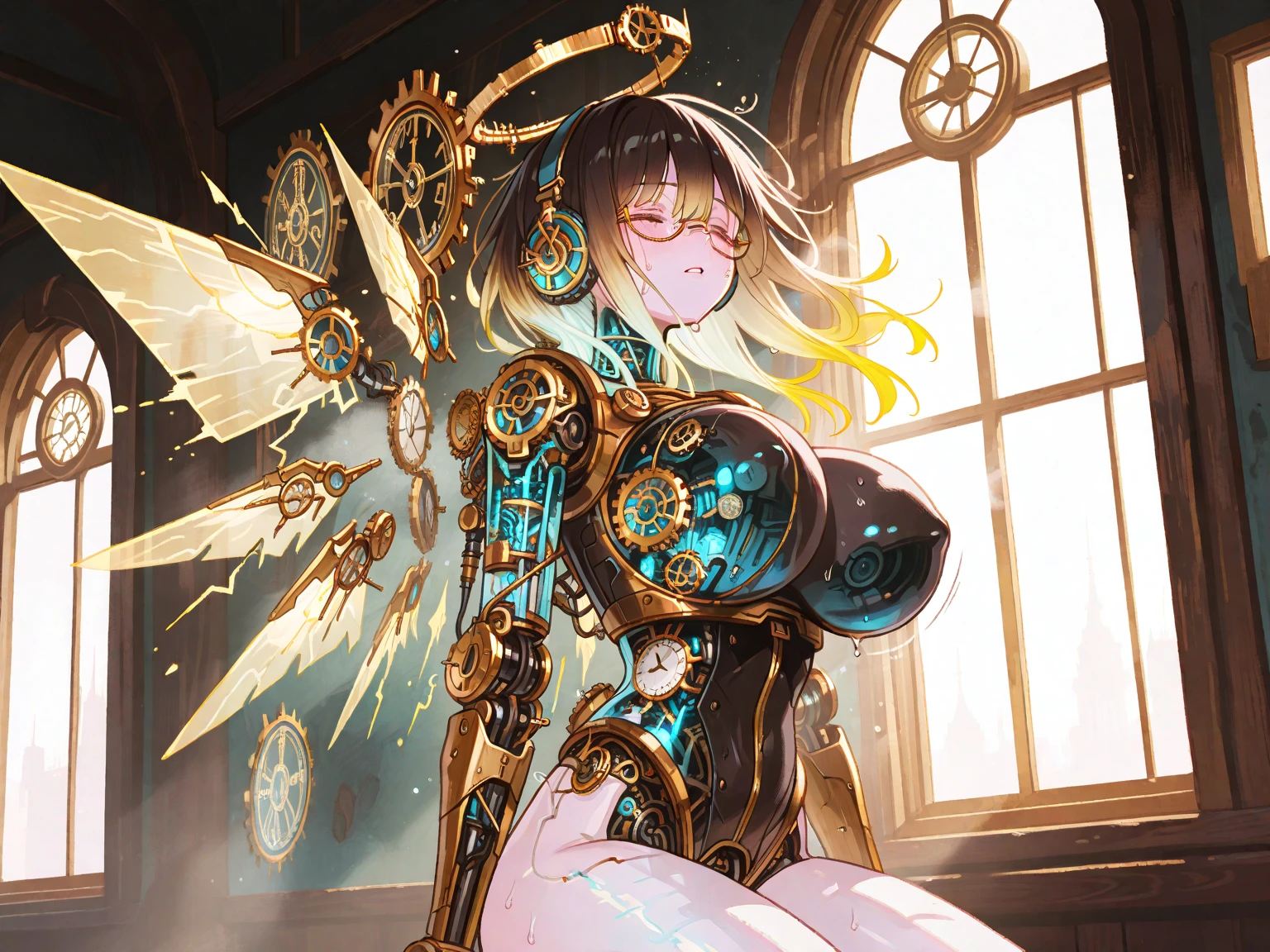 (((masterpiece))), (((best quality))), ((ultra-detailed)), (highly detailed CG illustration), ((an extremely delicate and beautiful)),(from side),cinematic light,((1mechanical girl)),solo,full body, rainbow colored hair, yellow eyes, tons of tattoos and piercings, huge enormously gigantic tits, cleavage showing(machine made joints:1.2),((machanical limbs)),(blood vessels connected to tubes),(mechanical vertebra attaching to back),((mechanical cervial attaching to neck)),(sitting),expressionless,(wires and cables attaching to neck:1.2),(wires and cables on head:1.2)(character focus),science fiction, futuristic holographic, background, extreme detailed,colorful,highest detailed, incredibly perfect masterpiece, high quality, high resolution