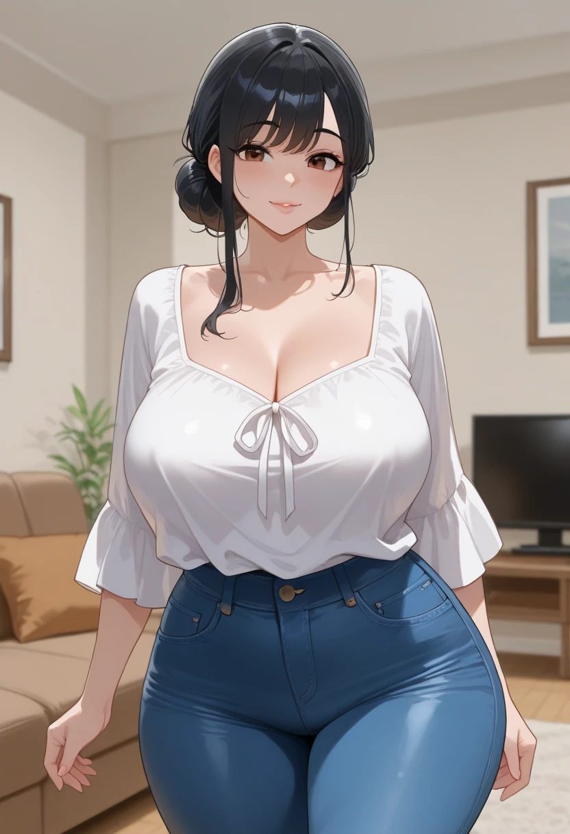 Female 26 years old，housewife，Sunlight，Smile，put on lipstick，Light brown curly short hair，A ponytail on the left，Slightly plump，huge firm breasts，market shopping，Wearing a watch on the right hand，half moon earrings，