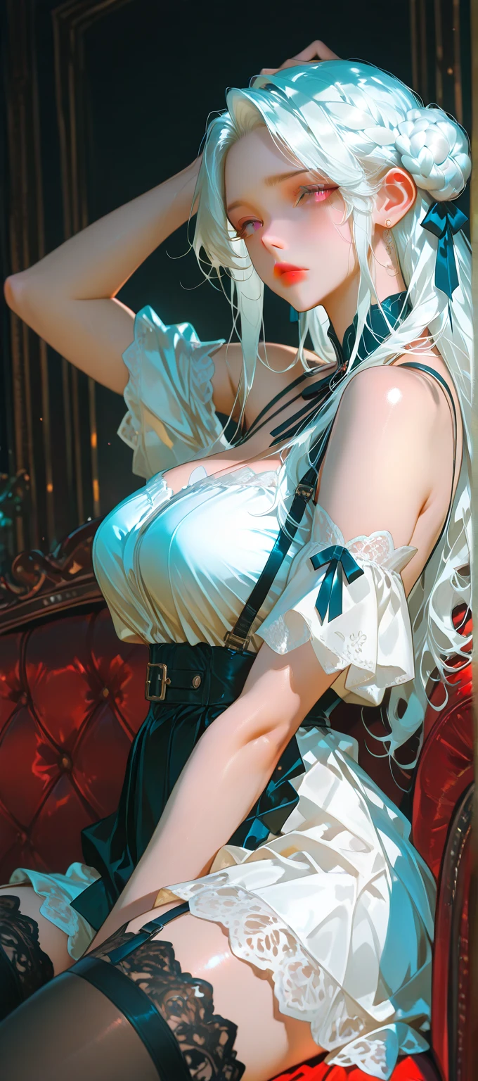 realisticlying，2girl，White hair，Purple eye，glowing light eyes，Cut the top，a skirt，parted lip，Be red in the face，the night，fresh flowers，suns，rays of sunshine，Huge breasts，