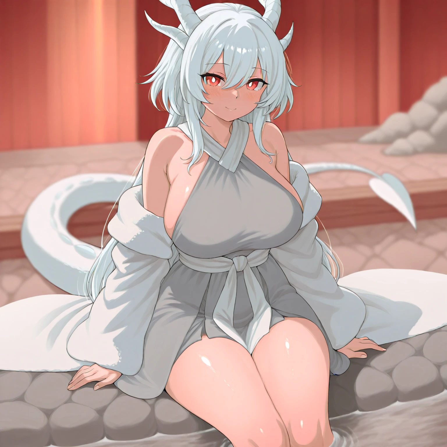 masterpiece, best quality, extremely detailed, detailed face, detailed eyes, clear eyes, red eyes, huge breasts, solo, long hair, white hair, blush, smile, open mouth, large breasts, cleavage, bare shoulders, upper body, ponytail, naked towel, wrapped in towel, tan, horns, steam, partially submerged, wet. wet hair, wet clothes, water, onsen <lora:monadc-09:0.8> <lora:towel-000007:0.7>