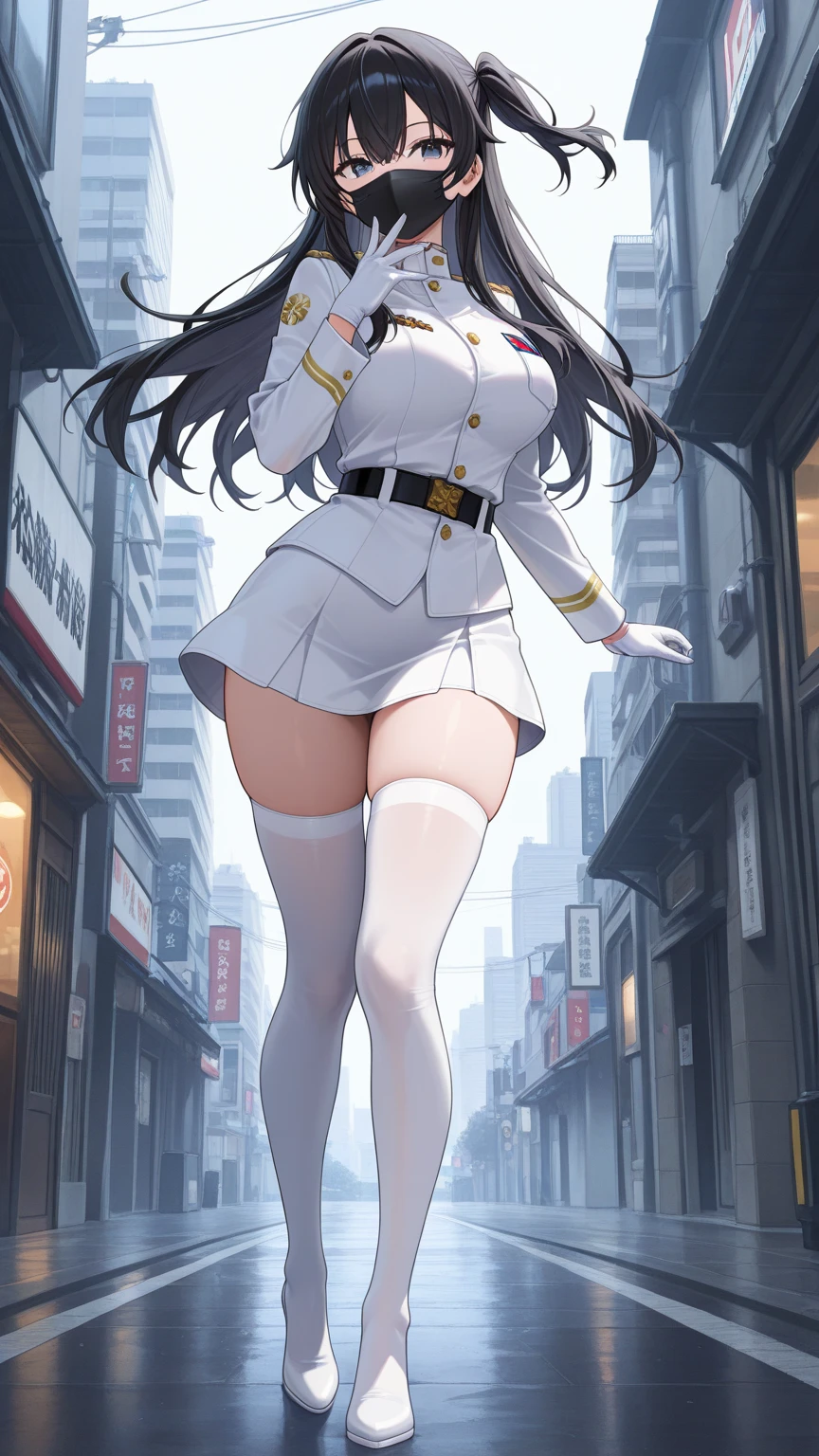 High resolution、masterpiece、1 girl in、Bjorf、A dark-haired、short hair with long locks、white headband、look for、Kamimei、bending forward、smile、bring your face closer、Red eyes、gold earrings, leotard white, bare legs, police uniform, police hat, long sleeve, tie, in the city,