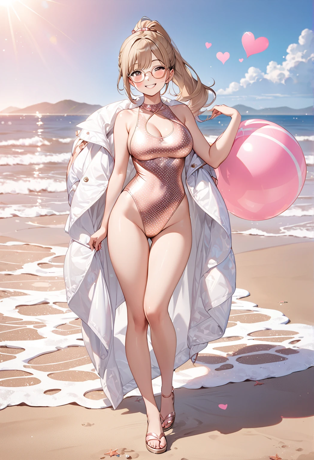 1 girl, pastel colours, brown-hair, hair up to the shoulders, elf ears, tight split swimsuit, Beach, Huge-breasts, small girl, confusion, Large thighs