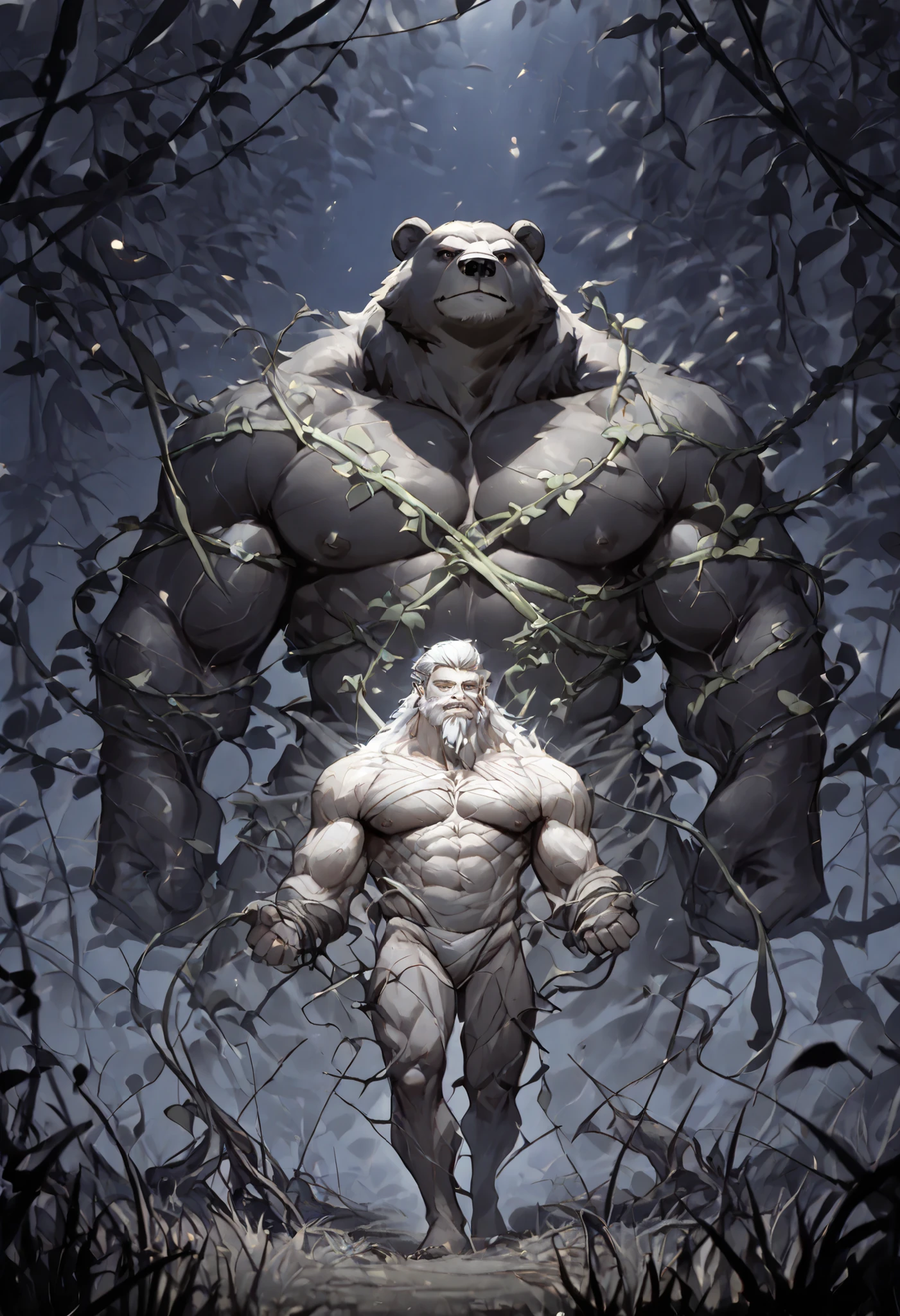 realistic, real shadow and light,depth of field, slender body, commission for high res, anthropomorphic, there is a black Bear, Athletic body, huge pecs, full body, (The body is covered with insect webs), Dark skin, white hair, beard, There are scars on the body, (There was only a piece of cloth covering the body), (Tall and slender body), veins, (Tied tightly with vines), Thorny vine, The body is full of vines, (bear), Under the moonlight, At night,