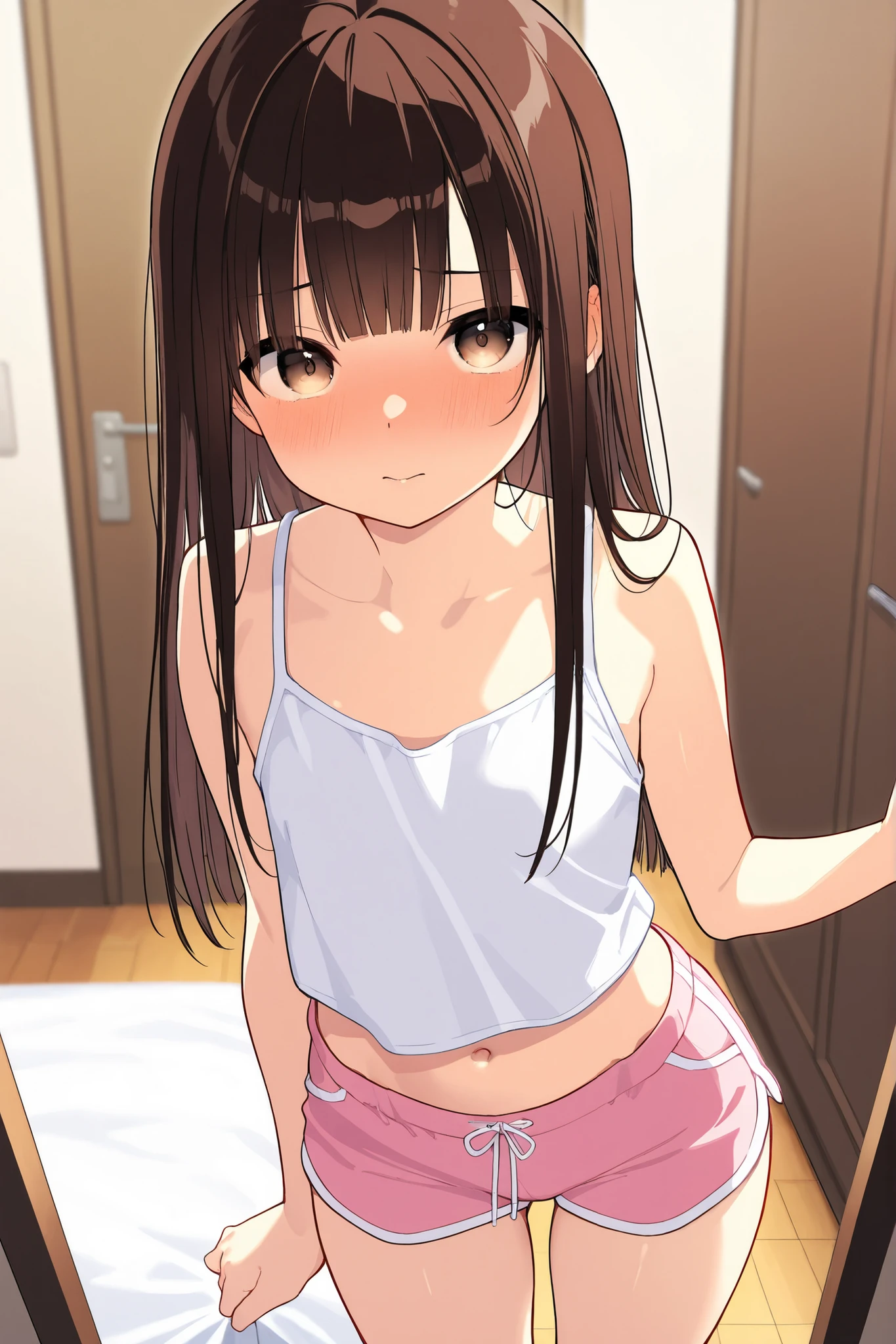 (masterpiece、top-quality、hight resolution、photos realistic、real looking skin:1.1)、Japan girls at 15 years old、short stature、full bodyesbian、(very small breasts:1.5)、Beautiful eyes、Shining eyes、embarrassed from、short twintails、no bra、Chest Pochi、(Sheer white tank top:1.5)、is standing、(arms behind back:1.5)、(Bedroom at night:1.5)、(linen child panties:1.5)、nsfw