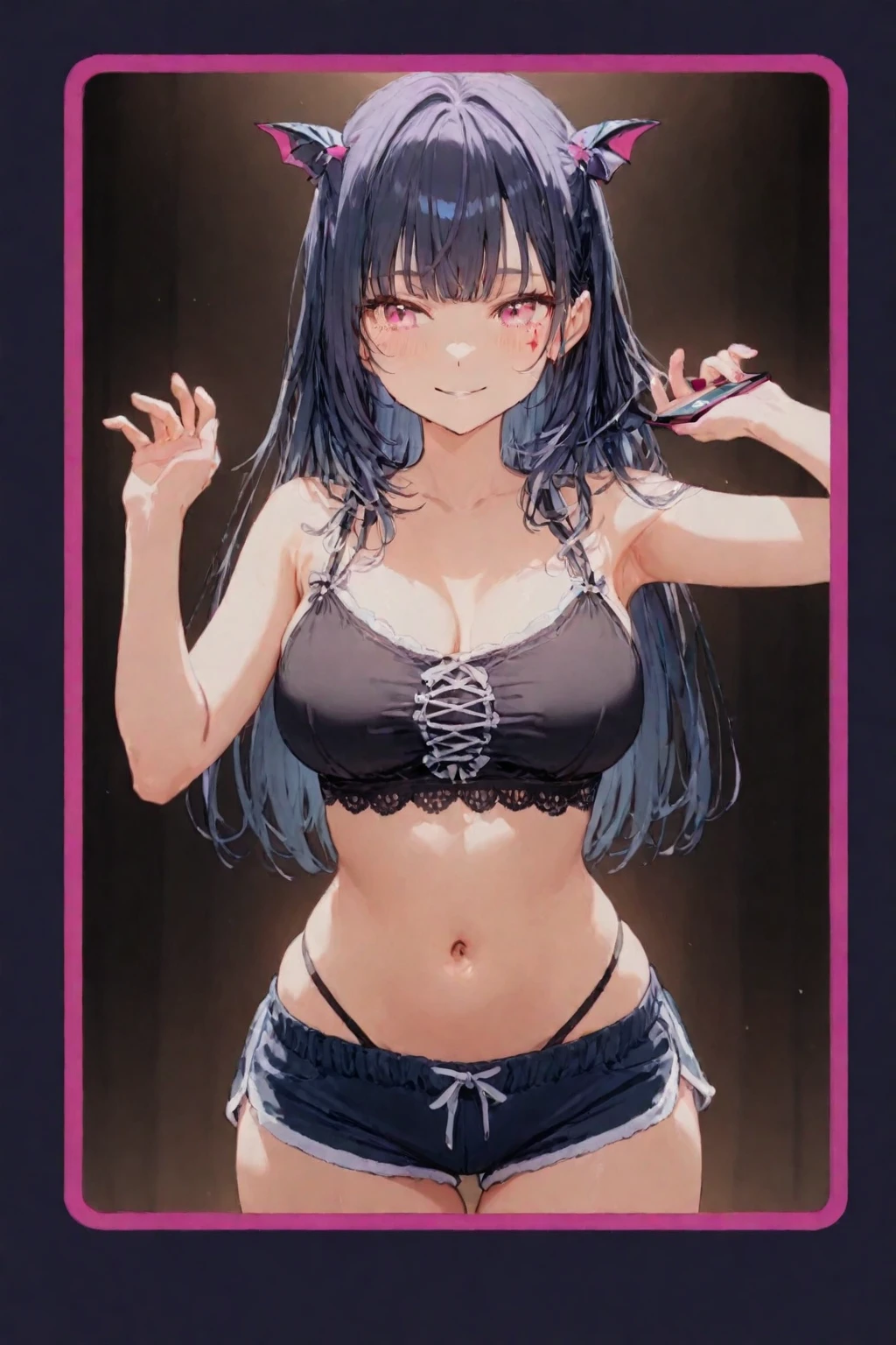 (masterpiece), (best quality), 1girl,solo , <lora:raiden_shogun_off-1:1> raiden shogun, long hair, purple hair, purple eyes, hair ornament, mole , cowboy shot , <lora:nekolingerie_lora:0.75> black, nekolingerie,, bikini