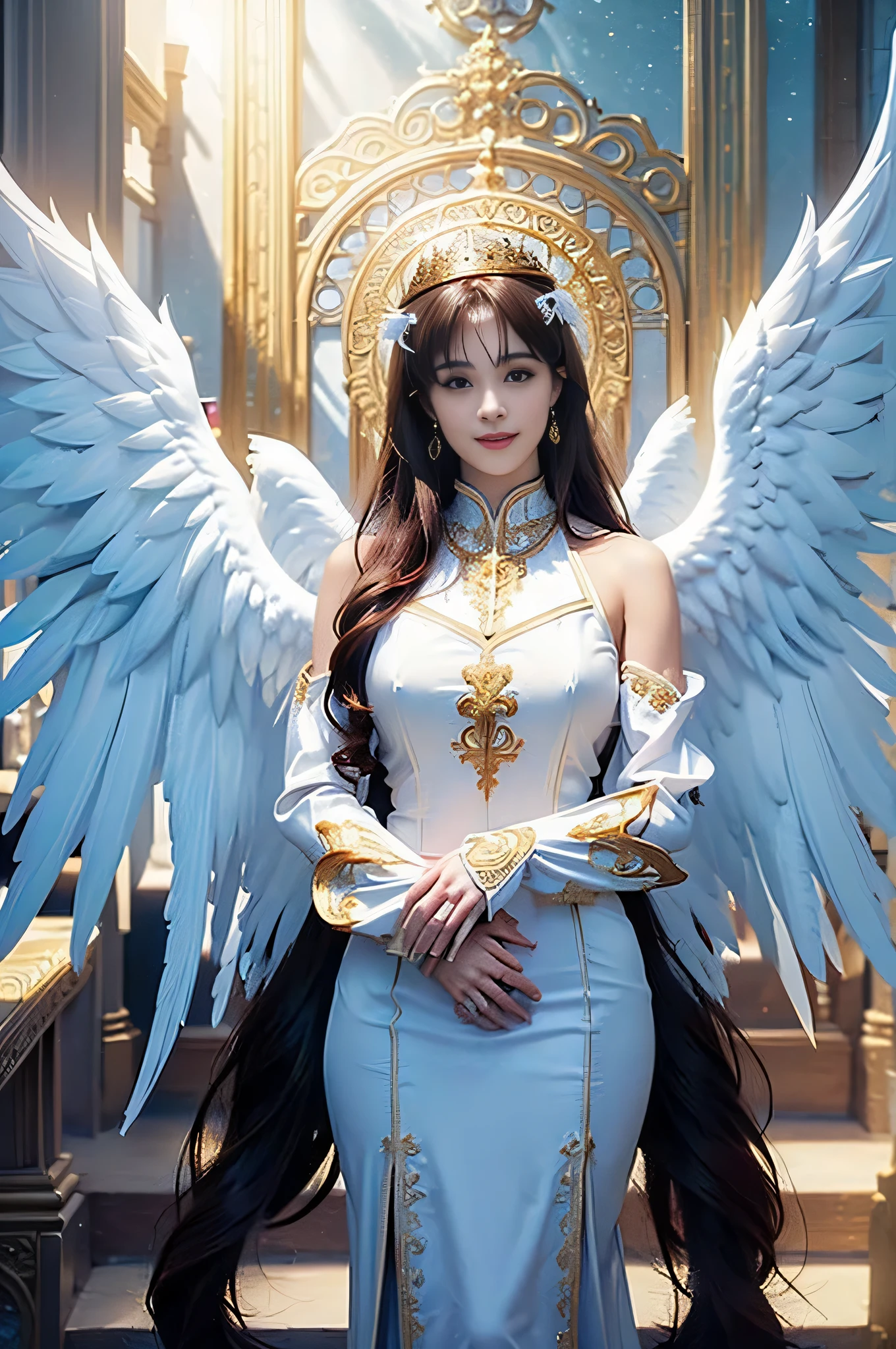((Very beautiful angel queen,The final form as a perfect angel, the masterpiece of an angel,Huge and intricate angel wings,The most dignified wings,Golden light,shining background,The most opulent and holy temple background,White and gold temple background,King of Angels,The most dignified angel,Intricate and solemn dresses,Light blue and gold embellishment dress on white,Light blue and gold dress on white base,Complex and majestic angel figure,The most majestic figure of the devil,The most intricately depicted figure of an angel,The World's Most Beautiful,Unimaginable beauties,divine atmosphere,The most intricate and beautiful dresses,Intricate reproduction of the perfect angelic detail,The figure of an unimaginably gorgeous angel,The figure of an unimaginably huge angel)), (((Tyndall effect;1.45))), ((Most beautiful face,Half Japan and half Spanish,The biggest happy smile,Beautiful wavy hair,Black and red hair,The most luxurious and intricate dresses,The biggest smile looking at the camera)),(Elegant standing figure,Fold your hands in front of your navel,)),Chest that seems to burst,Giant wings of angels,The background is the appearance of a perfect angel castle,Masterpiece,8K,very intricate,ultra-detailliert, nsfw